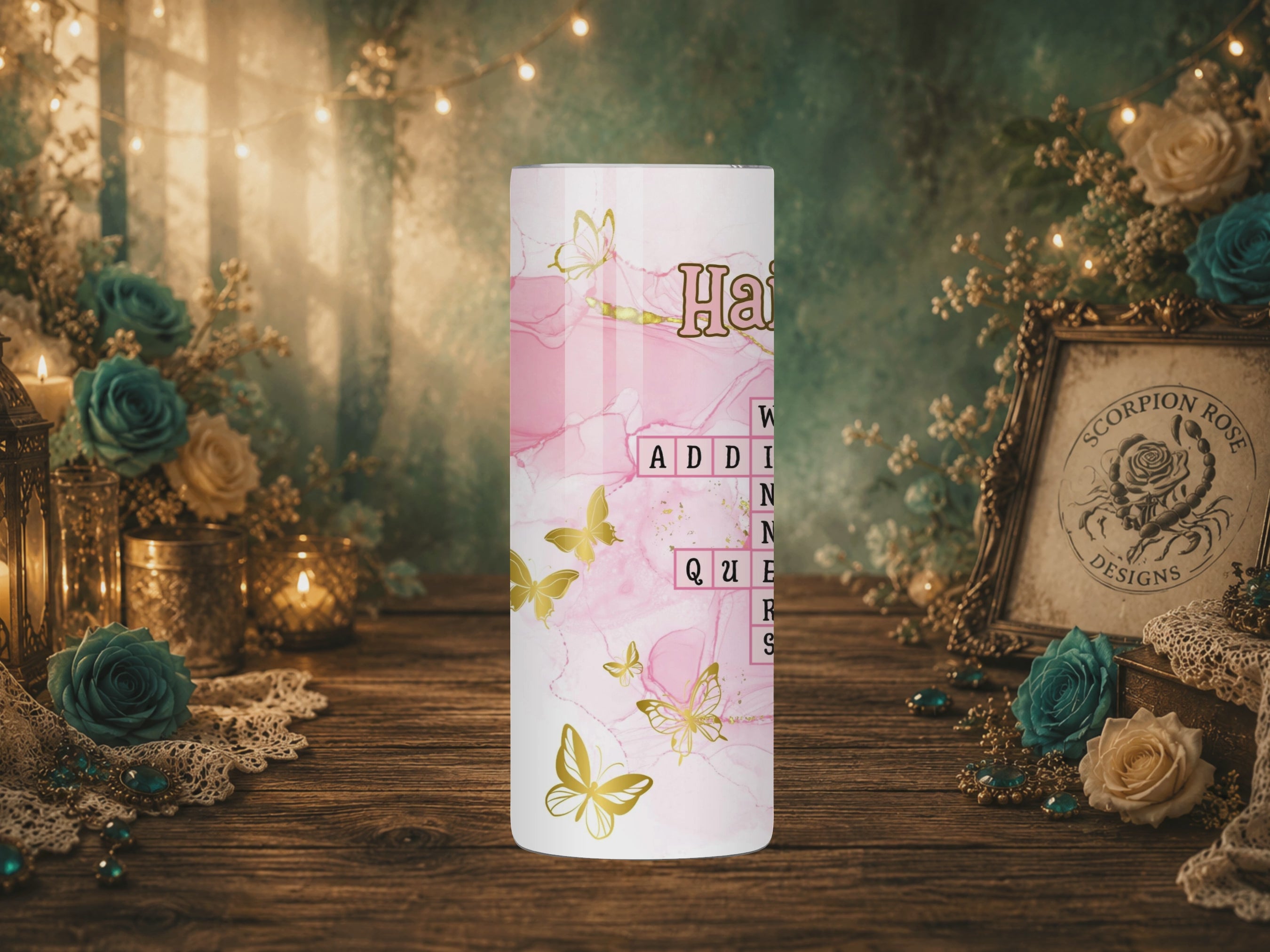 Custom 20 oz tumbler personalized with meaningful names and words created for a special group of women by Scorpion Rose Designs.