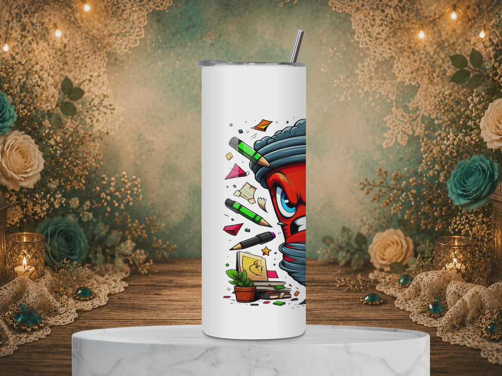 video of Daily Shit Show Survivor 20 oz tumbler design featuring an angry cartoon tornado surrounded by flying pencils, papers, notebooks, and colorful office supplies.

