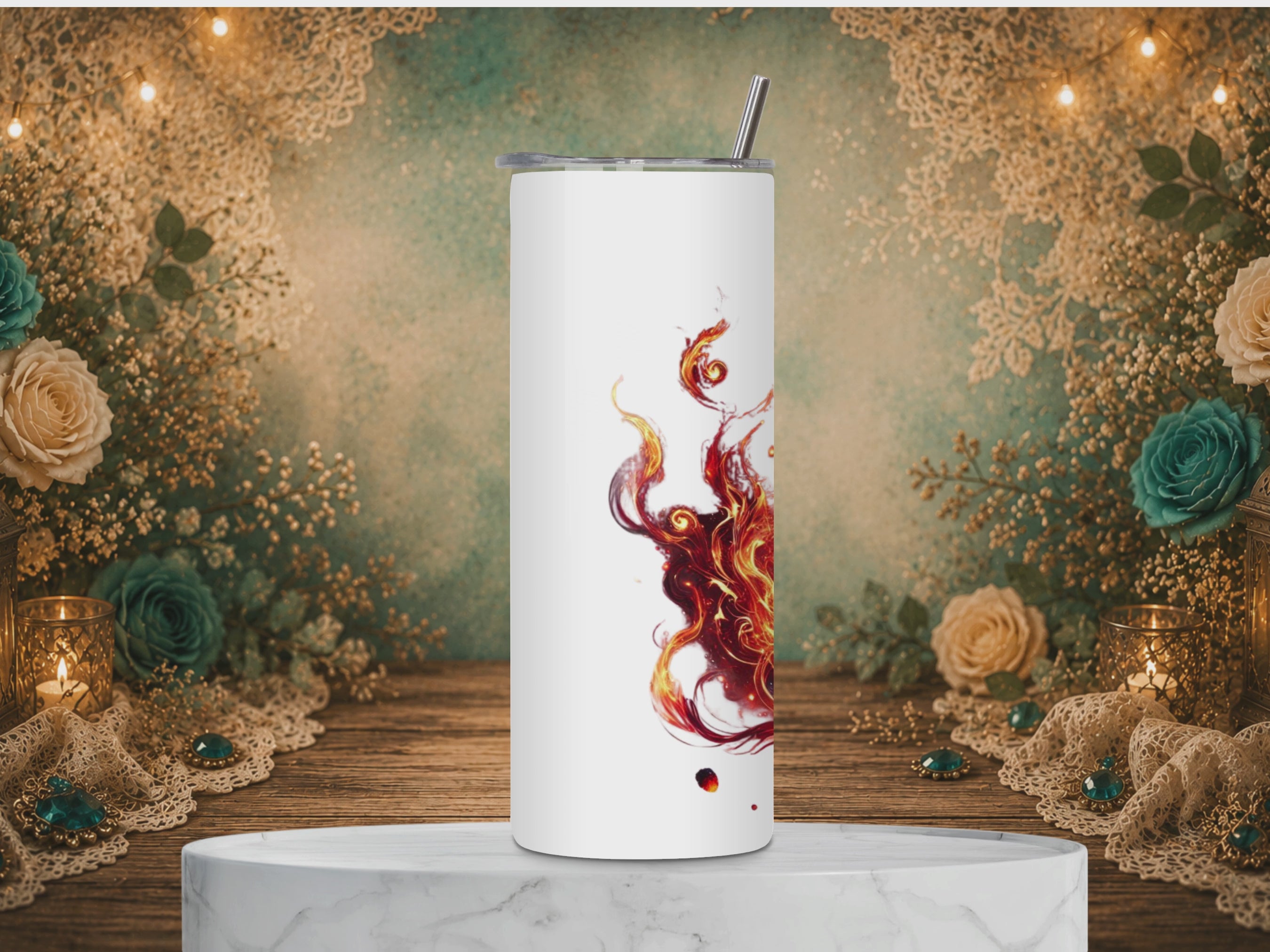video of Inferno Guardian 20 oz tumbler design featuring a powerful tiger with glowing eyes, swirling flames, and luminous blue celestial energy.