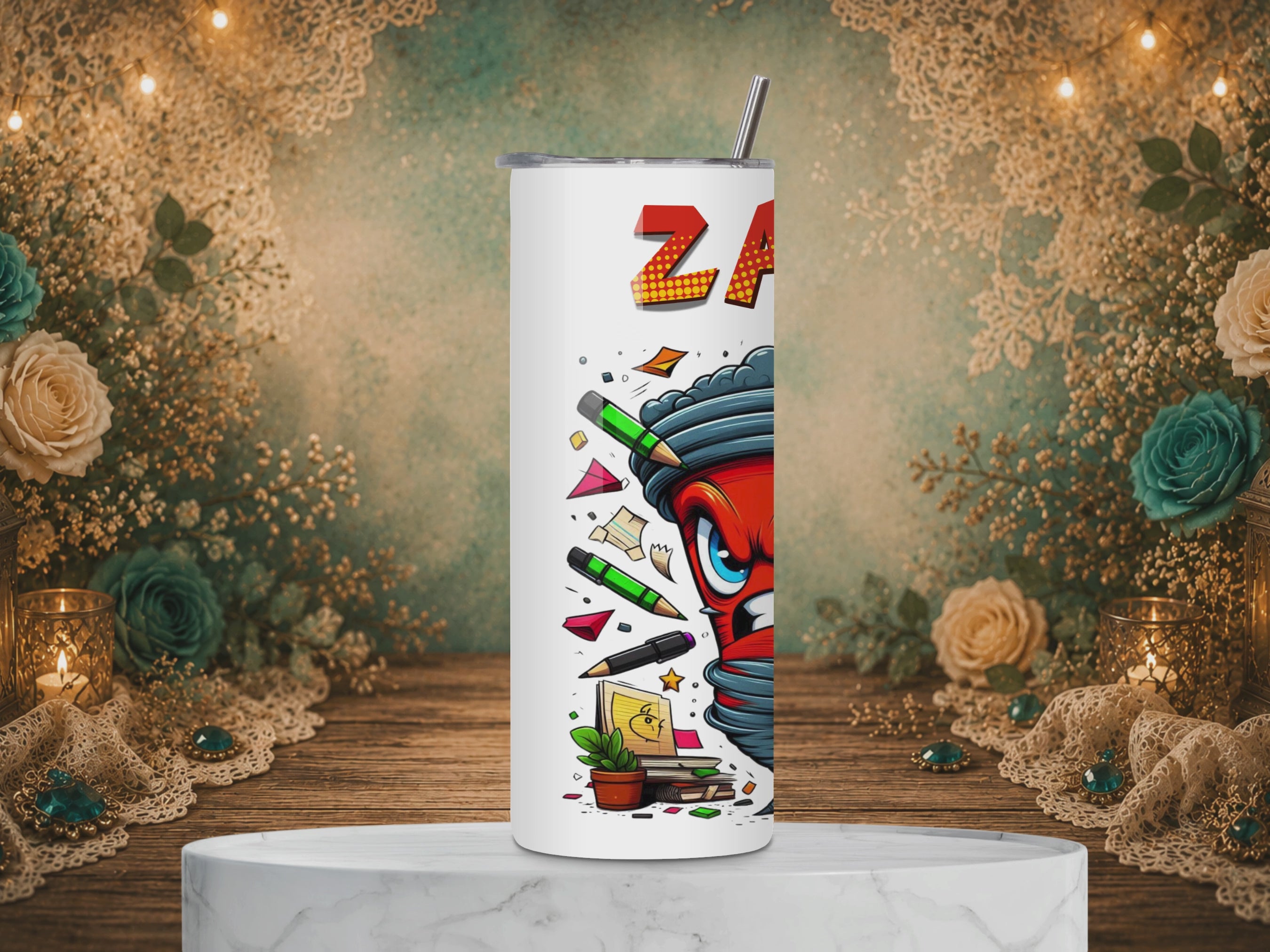 video of Personalized Daily Shit Show Survivor 20 oz tumbler design featuring the name Zane above an angry cartoon tornado surrounded by school and office supplies.
