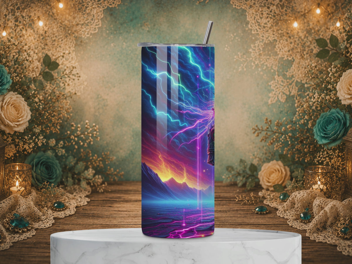 Video showing the Revenant’s Edge 20 oz tumbler with an armored skeletal warrior, glowing blade and electric artwork