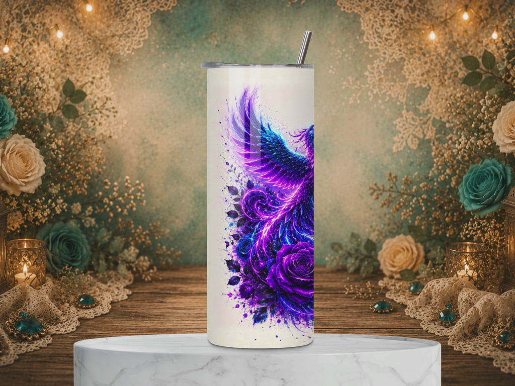 video of Nevertheless She Persisted 20 oz tumbler design featuring a blue and purple phoenix, purple roses, celestial accents, and an inspirational quote.