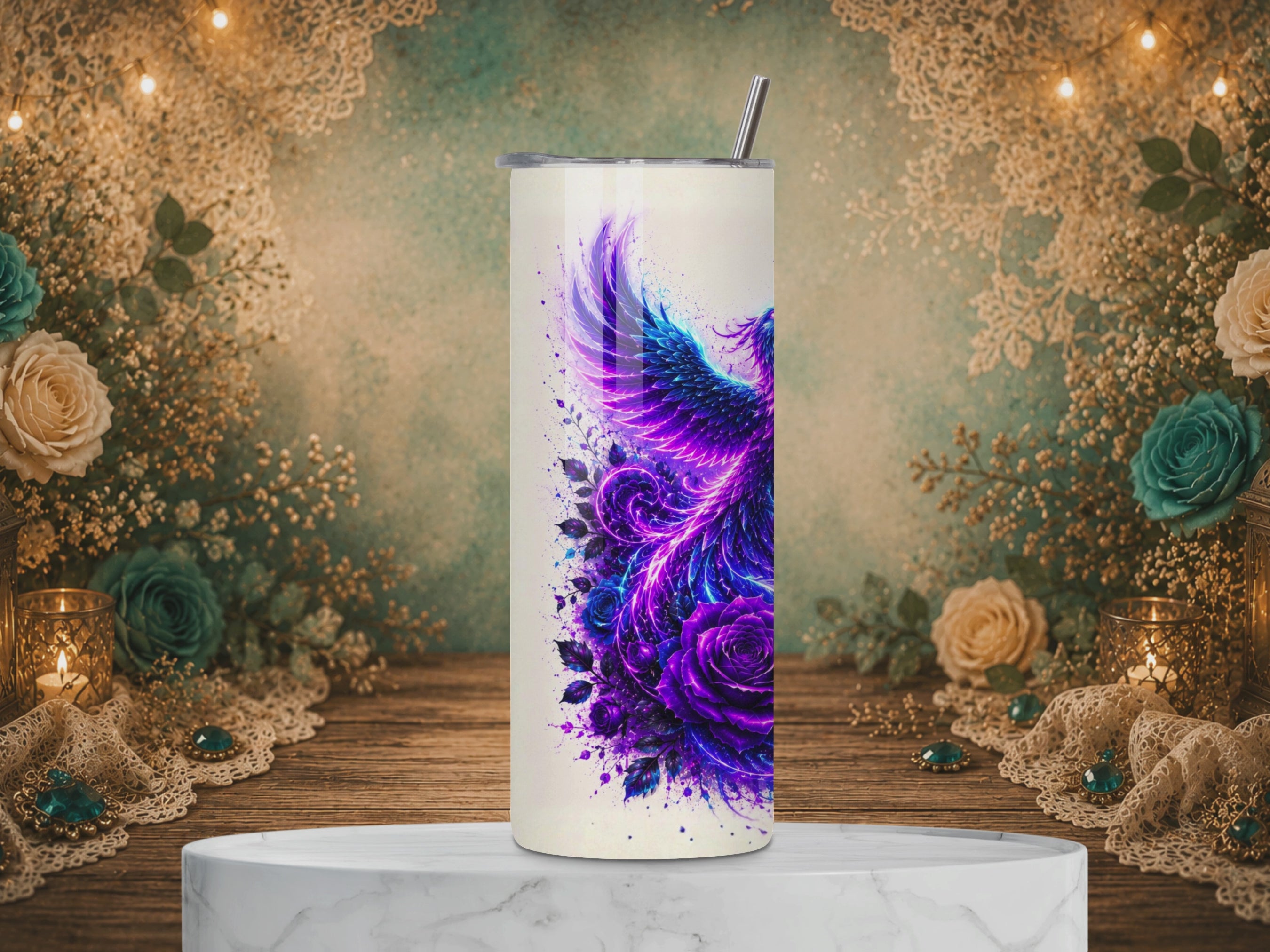 video of Nevertheless She Persisted 20 oz tumbler design featuring a blue and purple phoenix, purple roses, celestial accents, and an inspirational quote.
