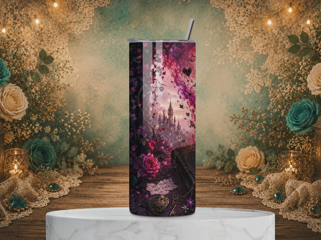 video of Burn the Rulebook 20 oz tumbler design with a flaming book, pink roses, and the quote “Write Your Own Story.”
