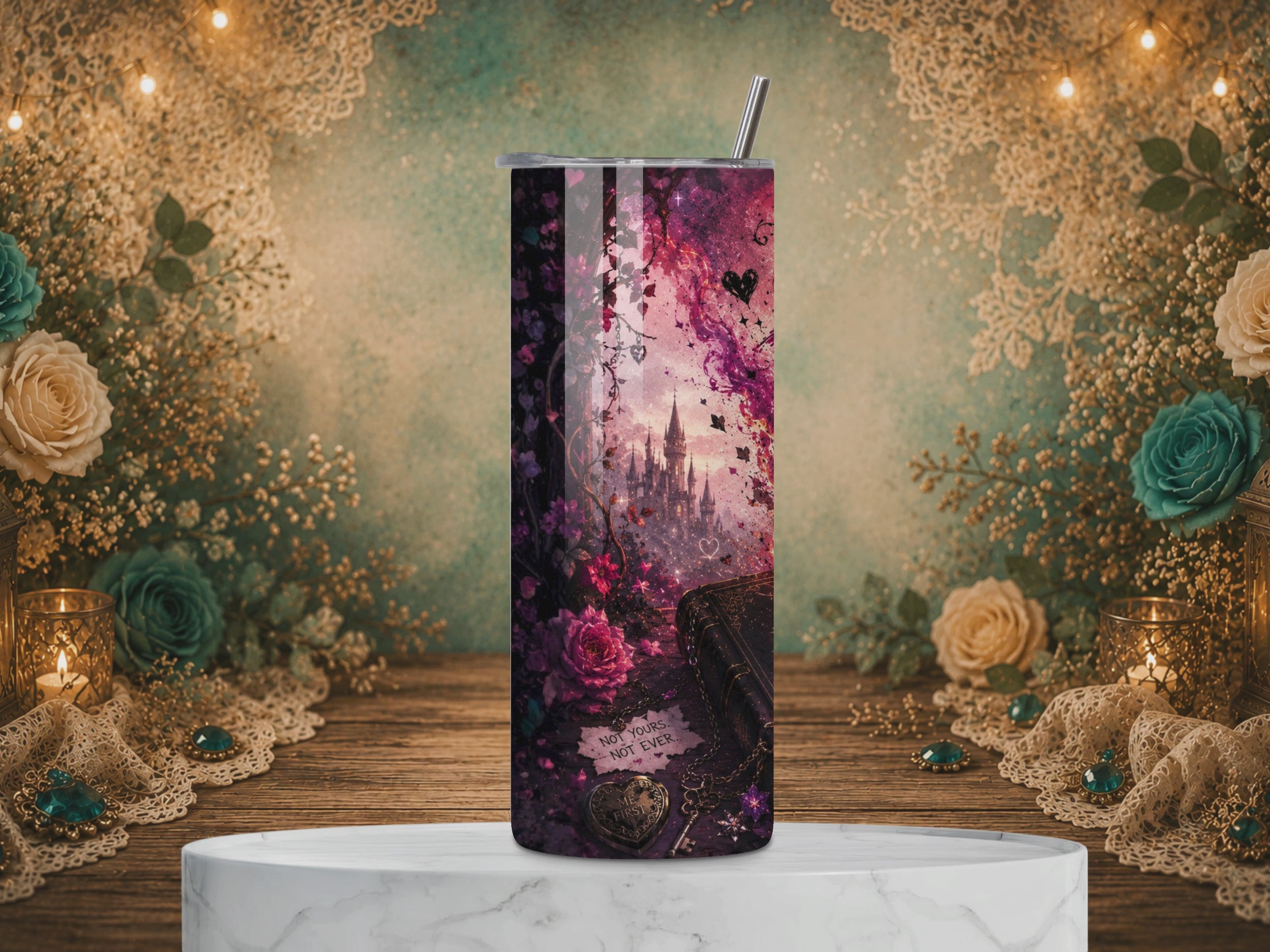 video of Burn the Rulebook 20 oz tumbler design with a flaming book, pink roses, and the quote “Write Your Own Story.”