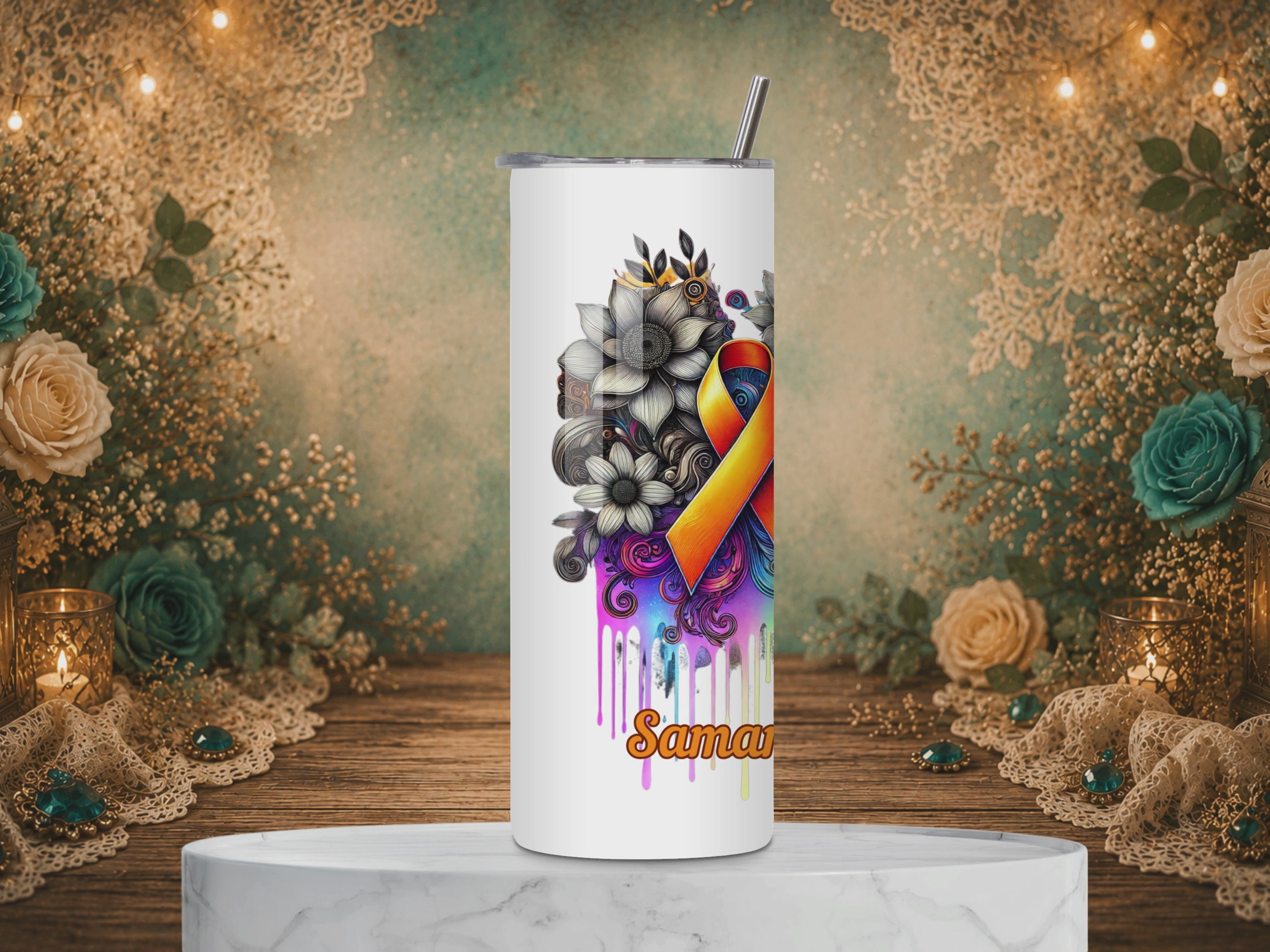 video of Personalized Warrior’s Light Multiple Sclerosis Awareness tumbler design featuring an orange awareness ribbon, colorful flowers, and an inspirational poem and custom name