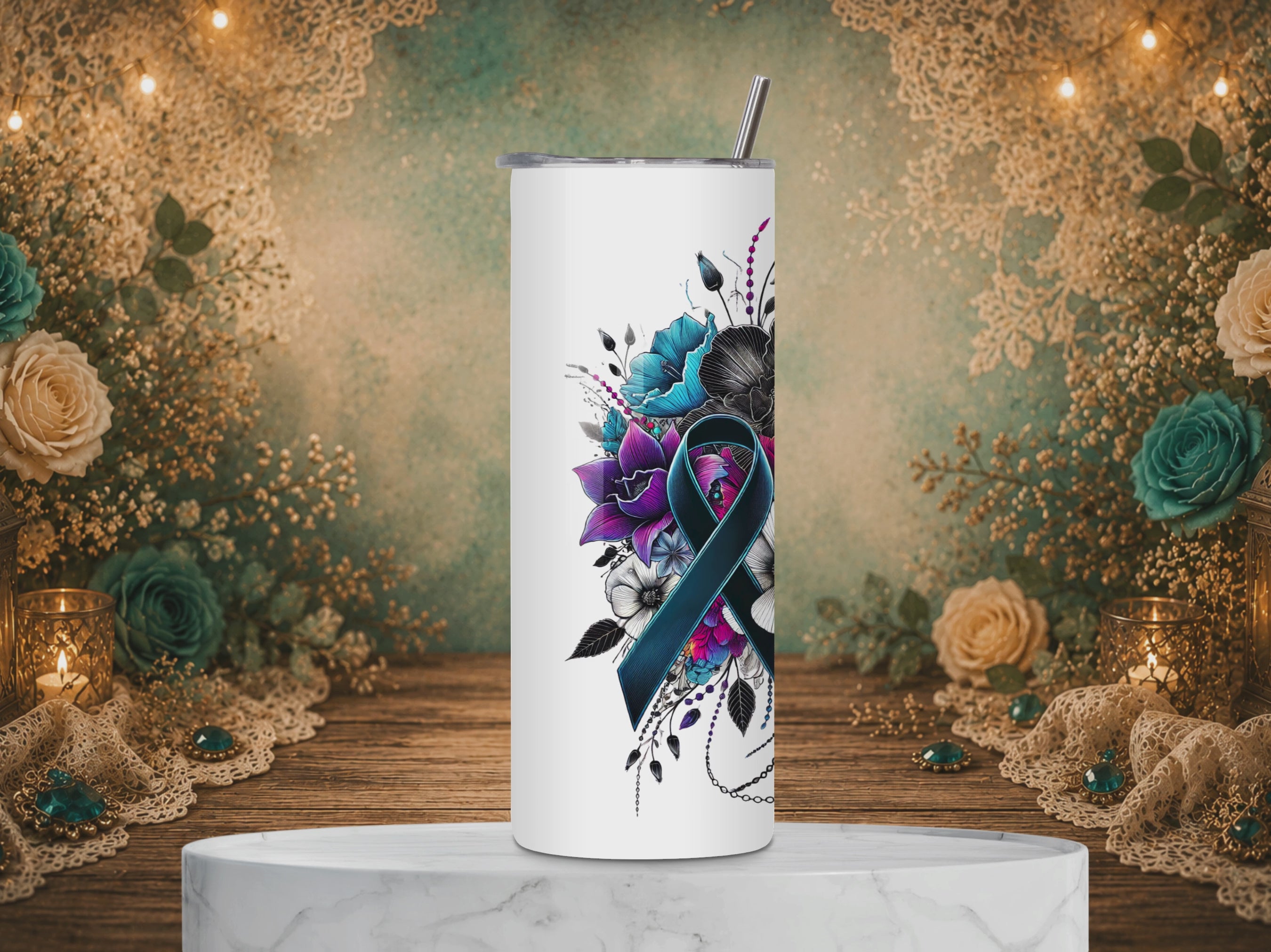 Video of Break the Chains Human Trafficking Awareness tumbler design featuring a blue awareness ribbon, colorful flowers, broken chains, and a message supporting freedom.