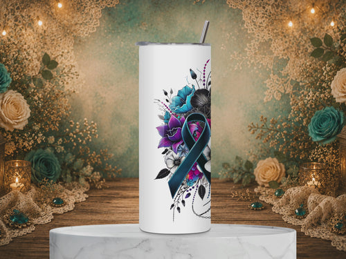 Video of Break the Chains Human Trafficking Awareness tumbler design featuring a blue awareness ribbon, colorful flowers, broken chains, and a message supporting freedom.