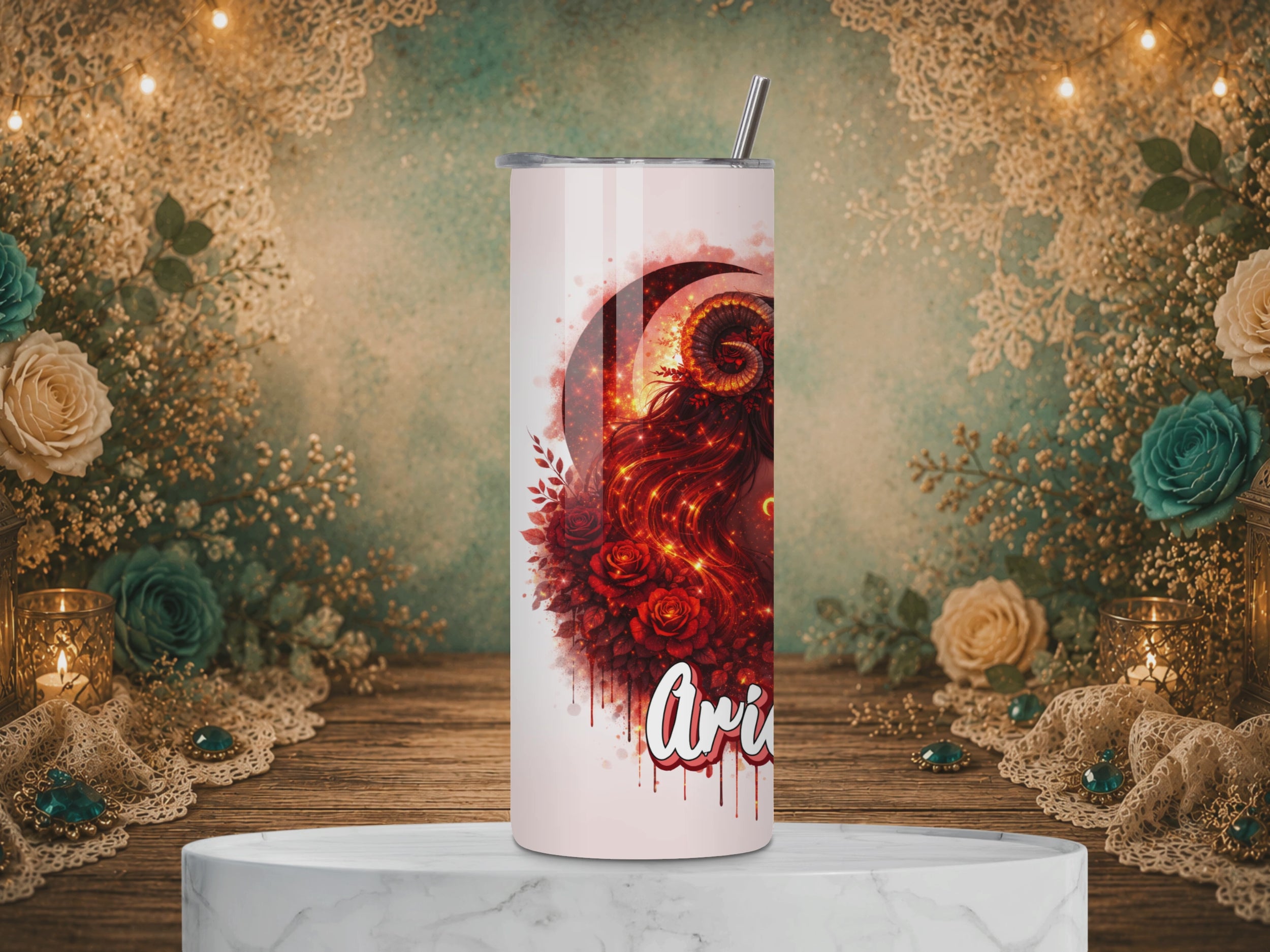 video of Aries Goddess 20 oz tumbler featuring a fiery ram-horned goddess, red roses, glowing celestial artwork, and the Aries name.