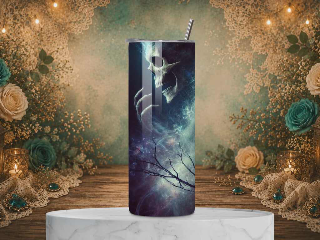 video of Three Void Walker 20 oz stainless steel tumbler featuring a pale cosmic woman, glowing eyes, a skull, and swirling blue and fiery celestial spirits.