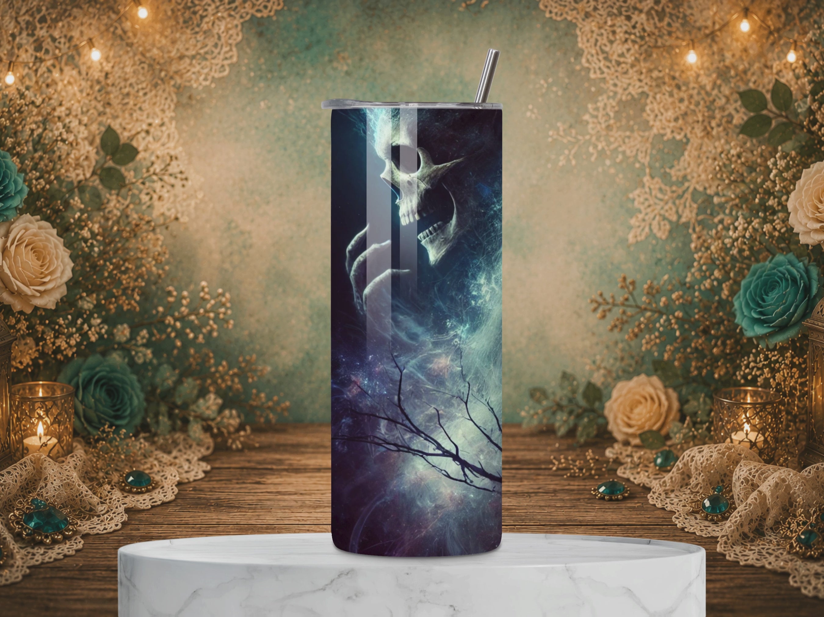 video of Three Void Walker 20 oz stainless steel tumbler featuring a pale cosmic woman, glowing eyes, a skull, and swirling blue and fiery celestial spirits.