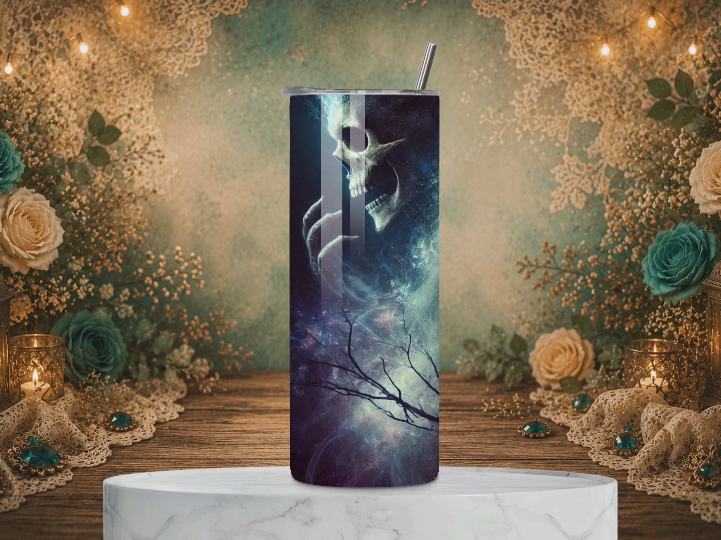 video of Three Void Walker 20 oz stainless steel tumbler featuring a pale cosmic woman, glowing eyes, a skull, and swirling blue and fiery celestial spirits.