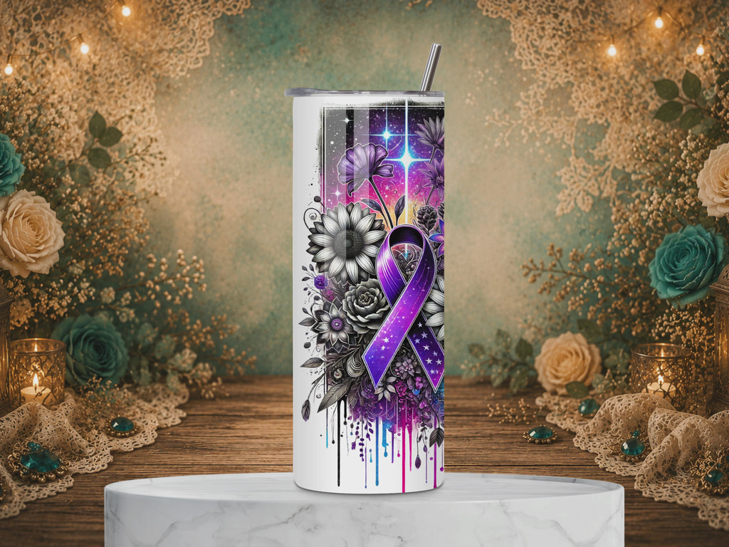 video of Personalized Silent Strength Fibromyalgia Awareness tumbler featuring a purple ribbon, celestial flowers, an inspirational message, and a custom name.