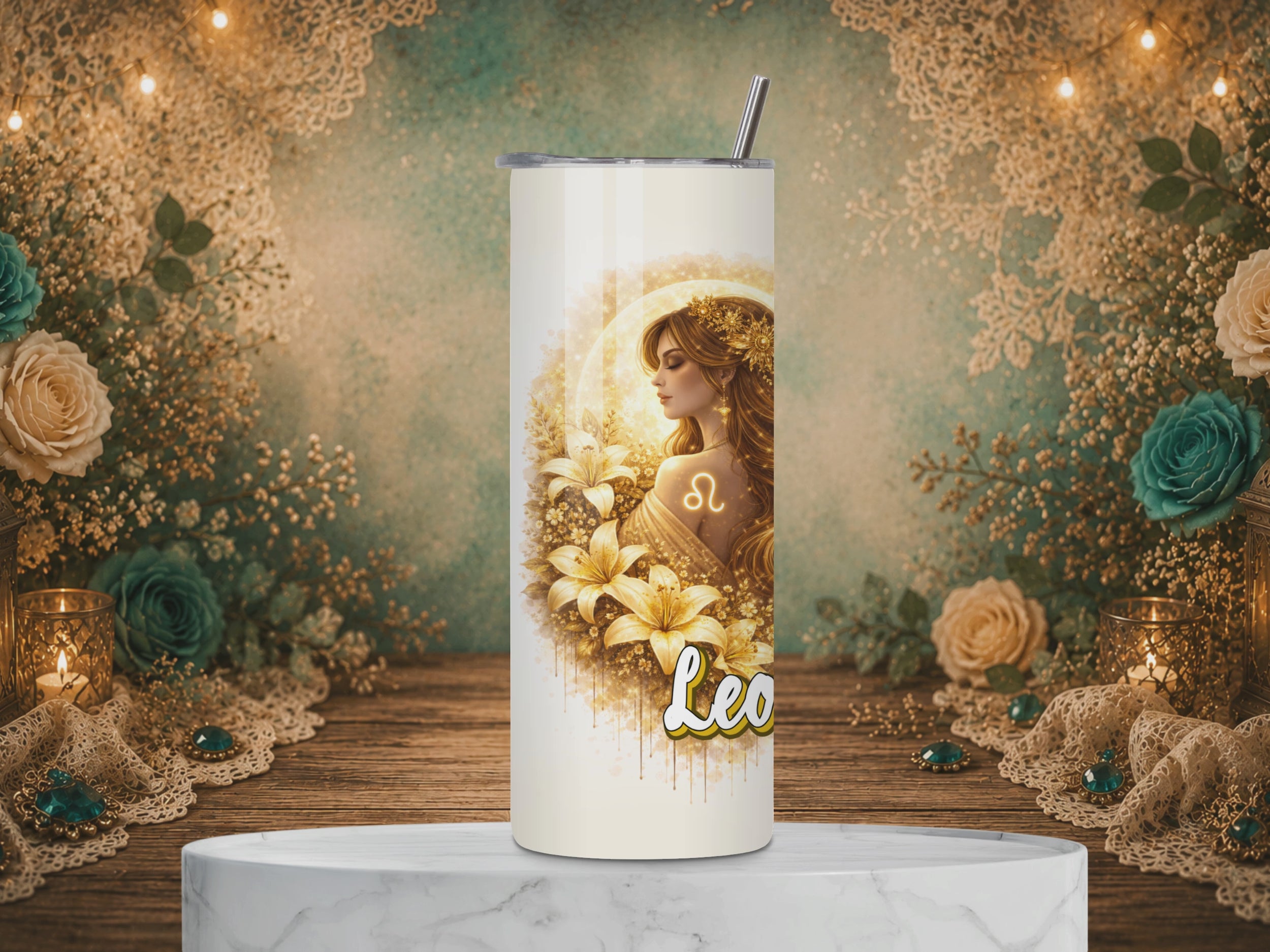 video of a Leo Goddess 20 oz tumbler featuring a golden celestial goddess, lilies, glowing sun, Leo symbol, and zodiac affirmation.
