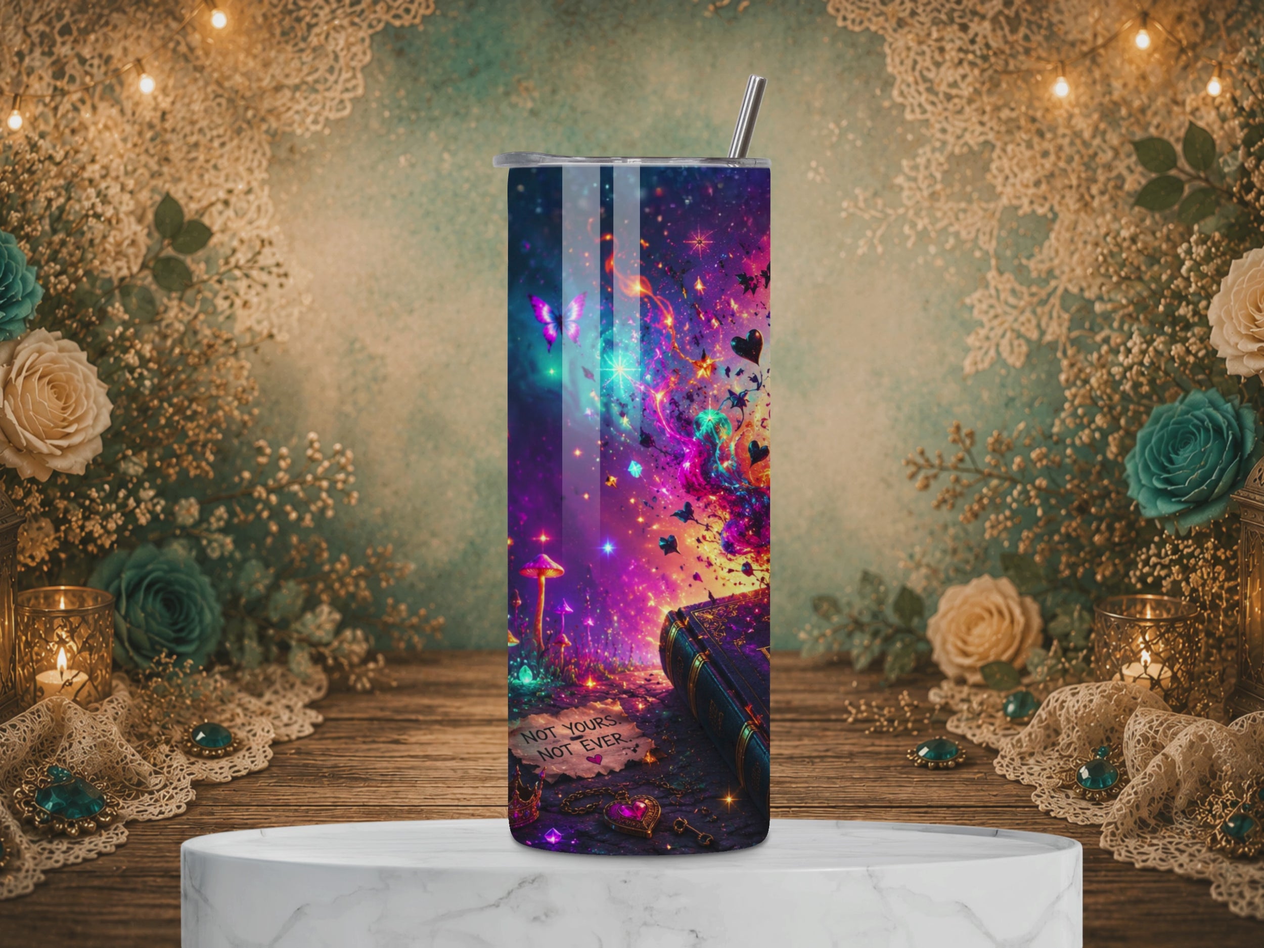 Burn the Rulebook 20 oz tumbler design with a flaming book, vibrant blue and purple cosmic artwork, and the quote “Write Your Own Story.”