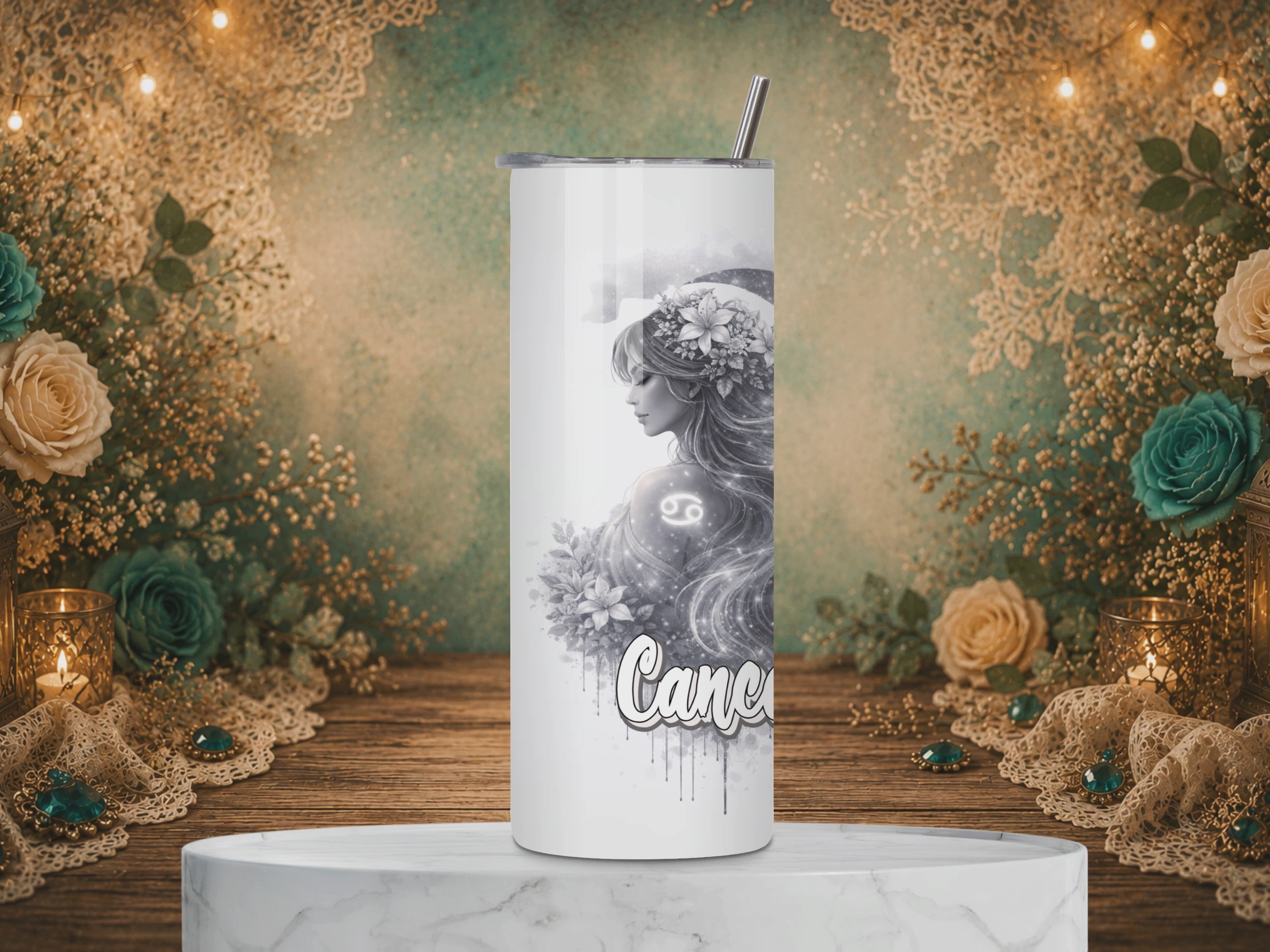 Rotating view of a Cancer Goddess Zodiac 20 oz tumbler featuring silver and whte celestial artwork, flowers, and a Cancer affirmation.