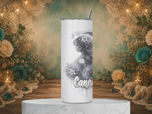 Rotating view of a Cancer Goddess Zodiac 20 oz tumbler featuring silver and whte celestial artwork, flowers, and a Cancer affirmation.