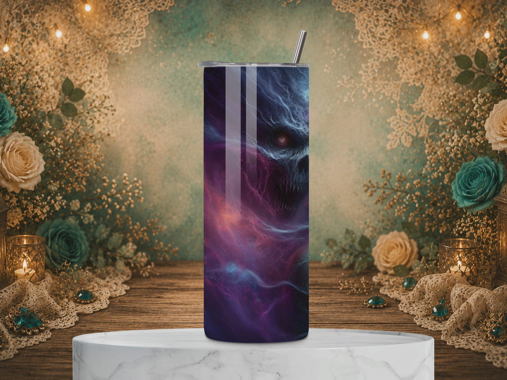 video of the Wraithbound 20 oz stainless steel tumbler featuring a pale woman with glowing eyes, a shadowy fanged creature, and swirling blue and purple spectral energy.
