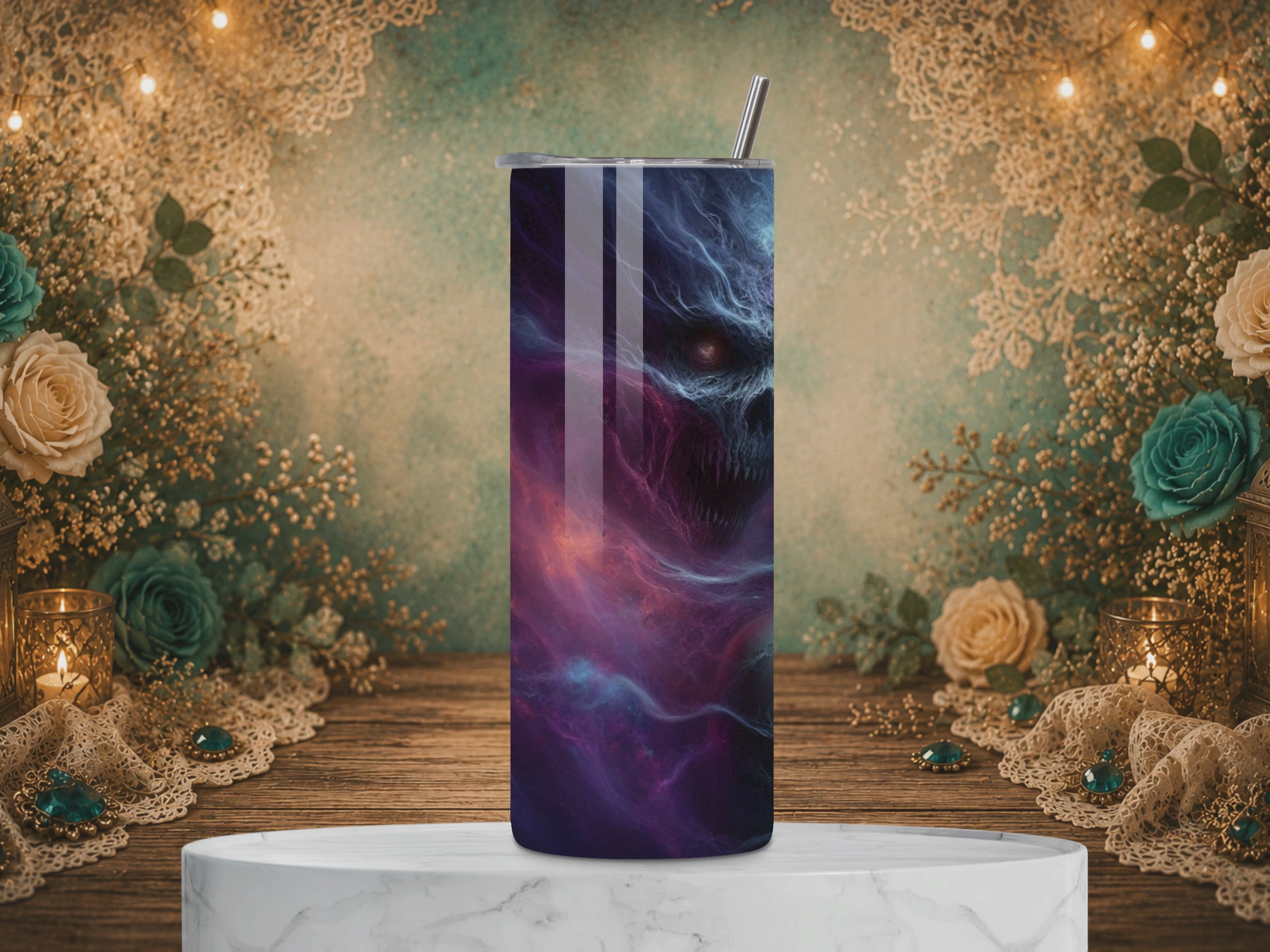 video of the Wraithbound 20 oz stainless steel tumbler featuring a pale woman with glowing eyes, a shadowy fanged creature, and swirling blue and purple spectral energy.
