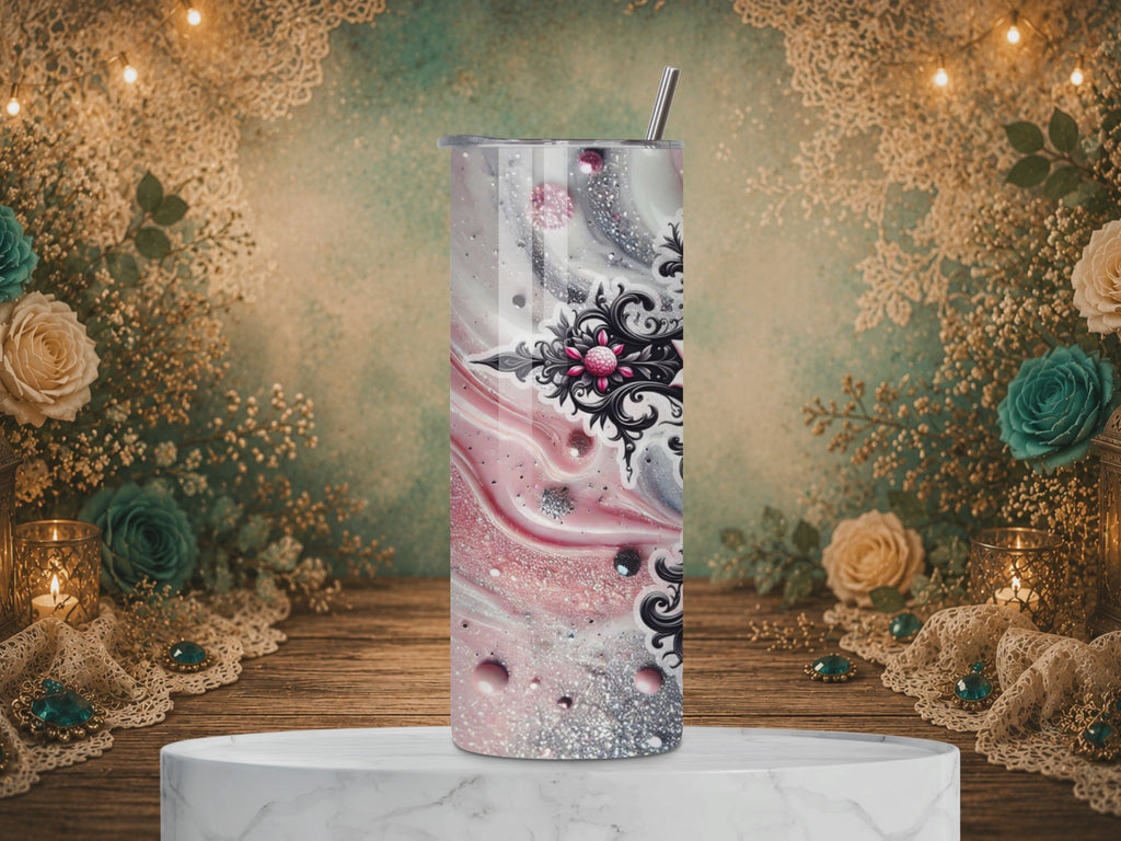 video of personalized Faith in Bloom 20 oz tumbler design featuring an ornate black cross decorated with pink roses over a sparkling pink, silver, white, and black marble background.