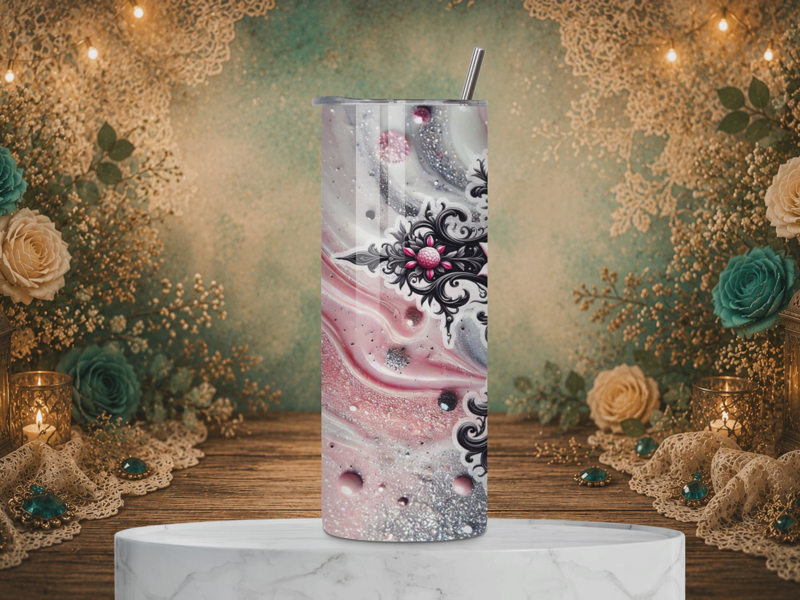 video of personalized Faith in Bloom 20 oz tumbler design featuring an ornate black cross decorated with pink roses over a sparkling pink, silver, white, and black marble background.