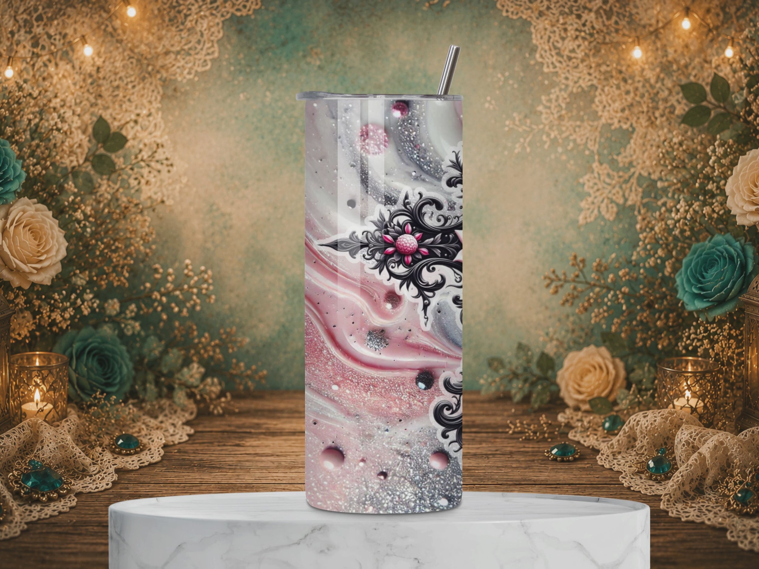 video of personalized Faith in Bloom 20 oz tumbler design featuring an ornate black cross decorated with pink roses over a sparkling pink, silver, white, and black marble background.