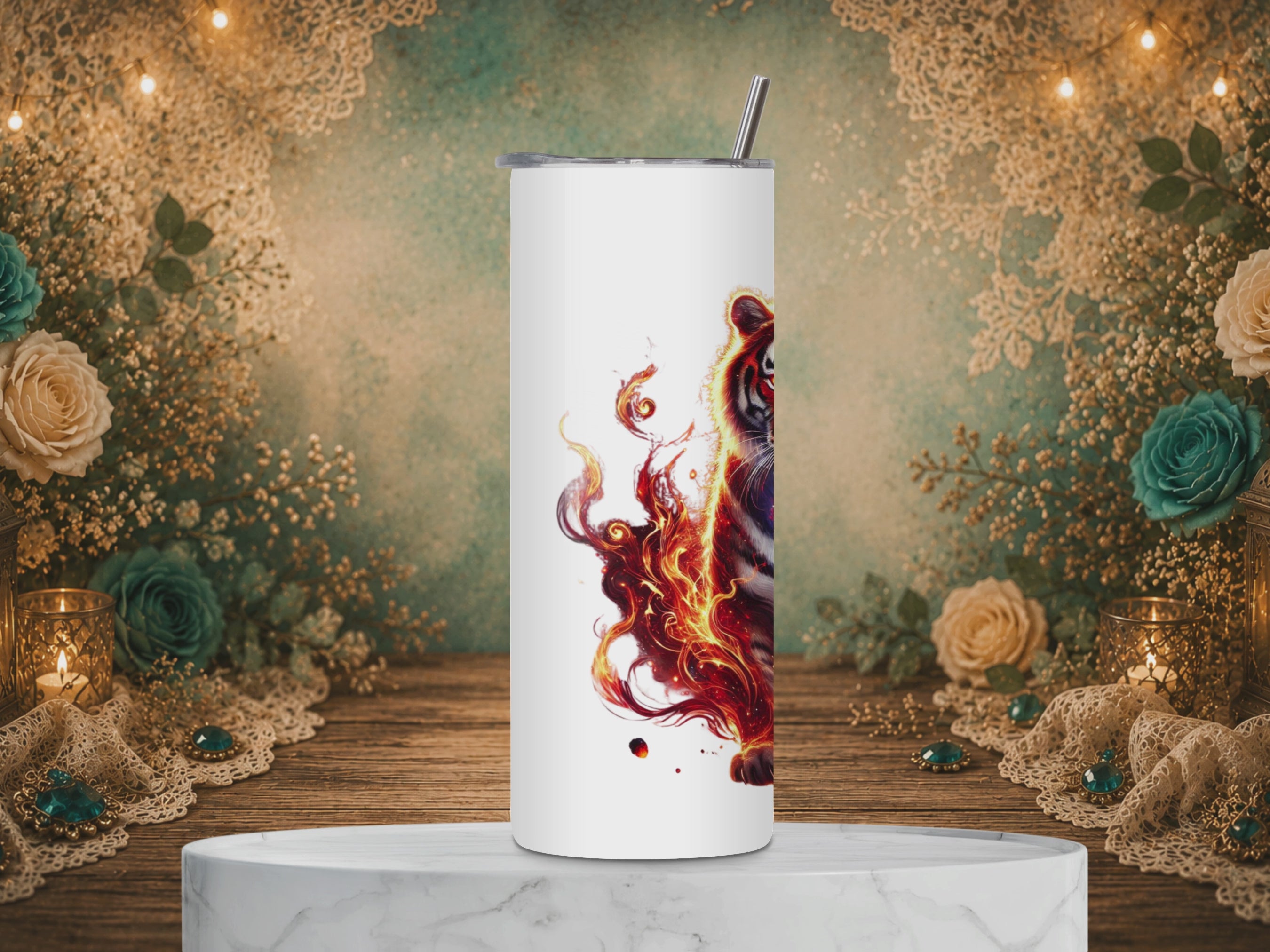 Personalized Inferno Guardian 20 oz tumbler featuring a fiery tiger with glowing eyes, blue celestial energy, and a custom name.