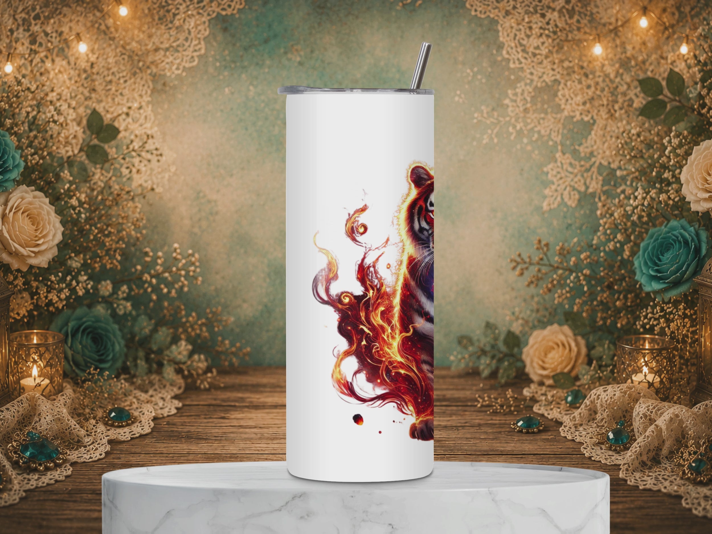 Personalized Inferno Guardian 20 oz tumbler featuring a fiery tiger with glowing eyes, blue celestial energy, and a custom name.