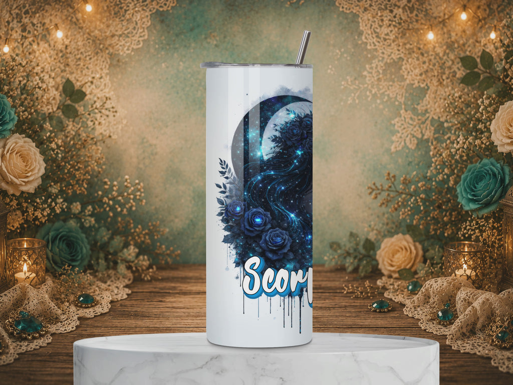 video of a Scorpio Goddess 20 oz tumbler featuring a celestial blue goddess, crescent moon, blue roses, Scorpio symbol, and zodiac affirmation.