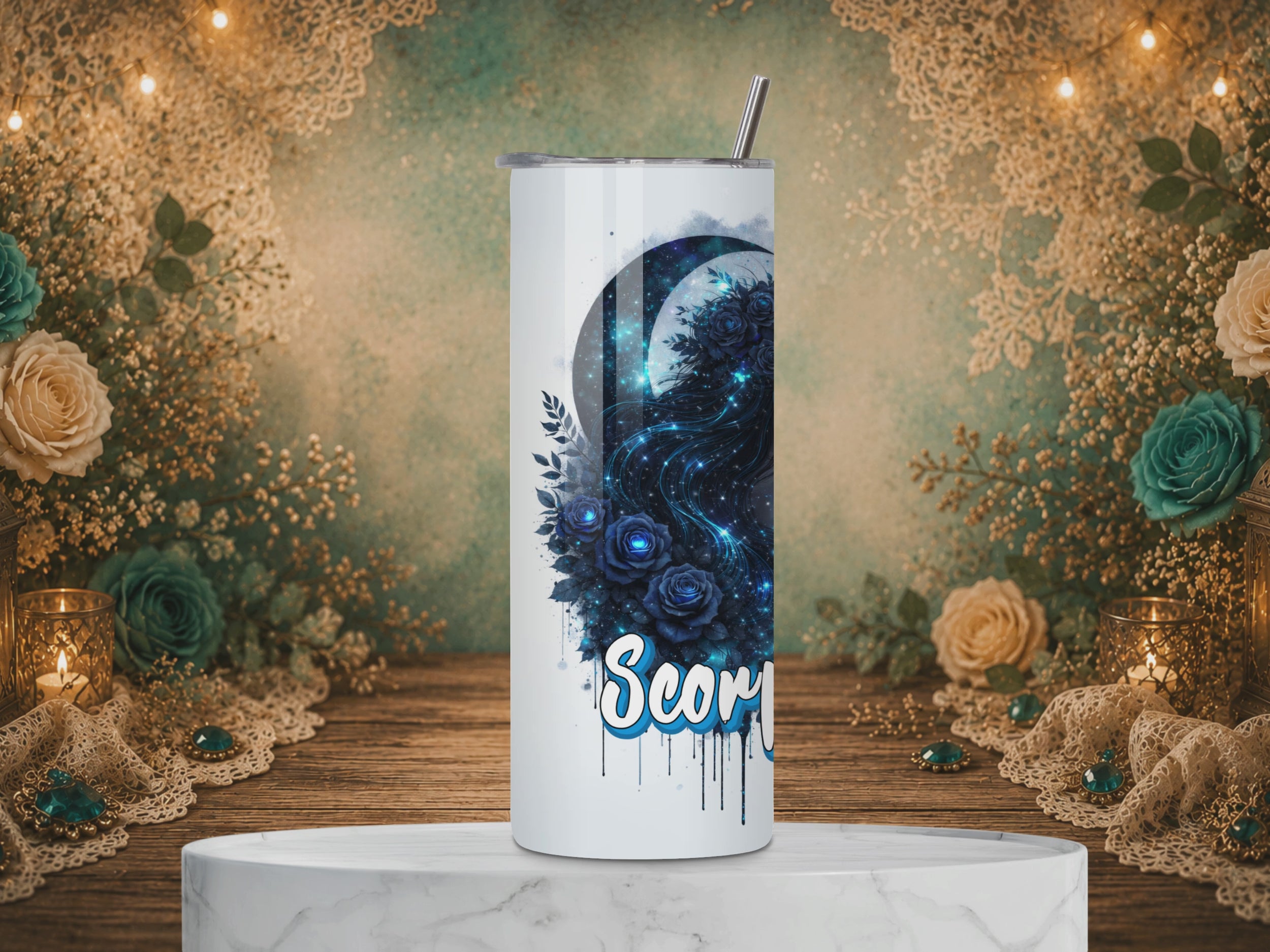 video of a Scorpio Goddess 20 oz tumbler featuring a celestial blue goddess, crescent moon, blue roses, Scorpio symbol, and zodiac affirmation.