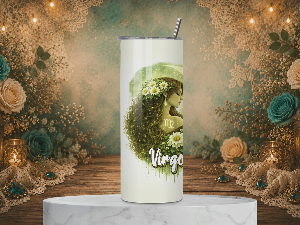 video of a Virgo Goddess 20 oz tumbler featuring an earth-toned celestial goddess, white daisies, Virgo symbol, and zodiac affirmation.