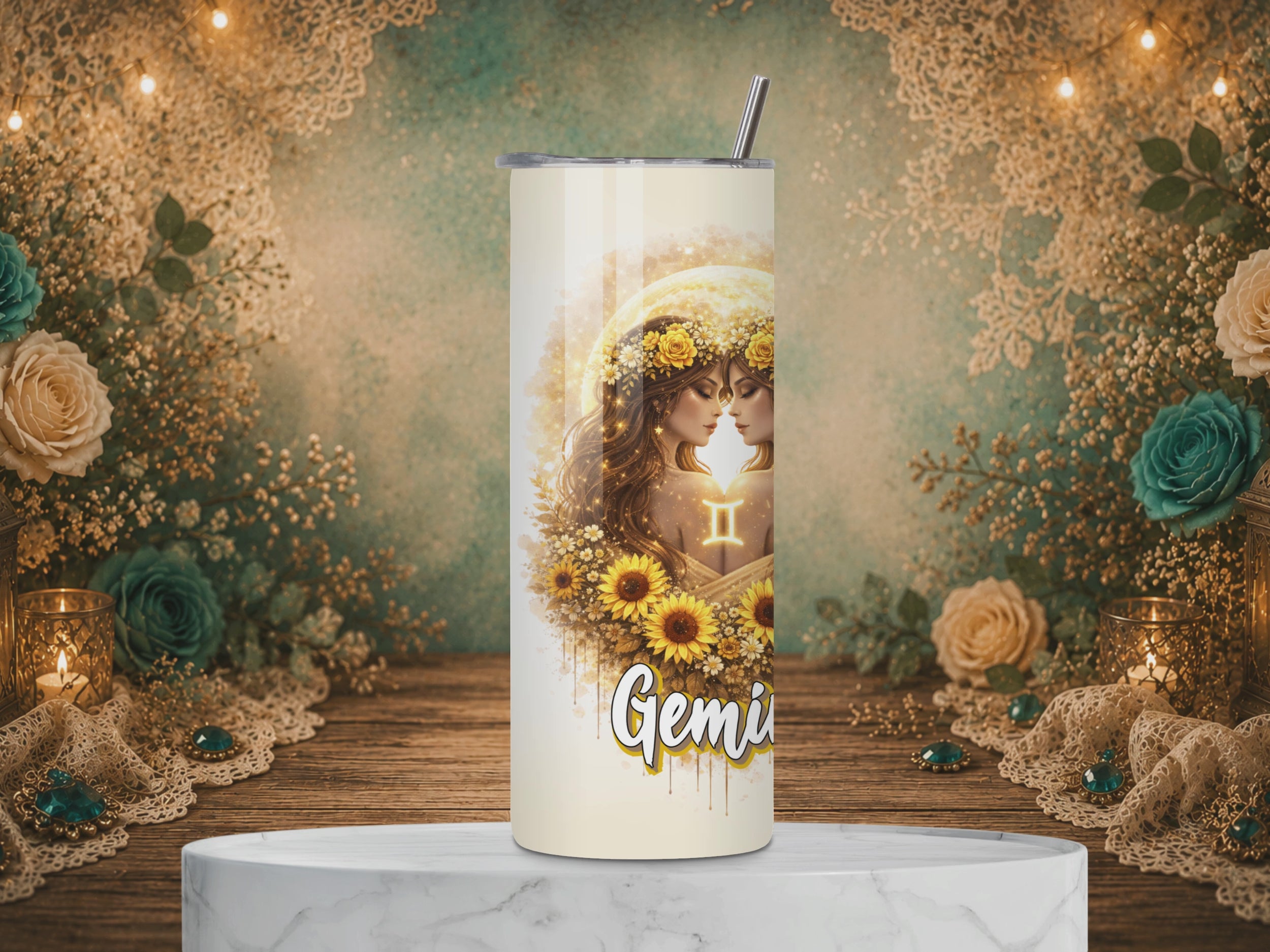 video of Gemini Zodiac Goddess 20 oz tumbler featuring twin women, golden flowers, sunflowers, a crescent moon, and the Gemini symbol and affirmation