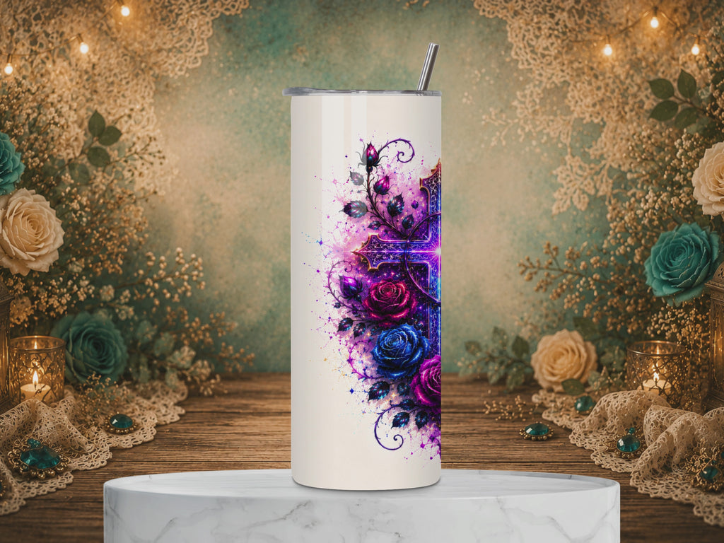 video of God Is Within Her 20 oz tumbler design featuring a glowing purple cross, vibrant purple and blue roses, and the inspirational Psalm 46:5 Bible verse.