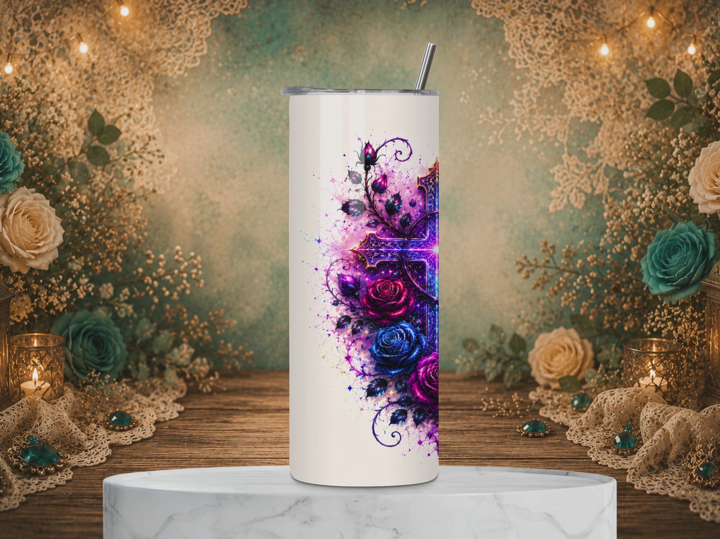 video of God Is Within Her 20 oz tumbler design featuring a glowing purple cross, vibrant purple and blue roses, and the inspirational Psalm 46:5 Bible verse.