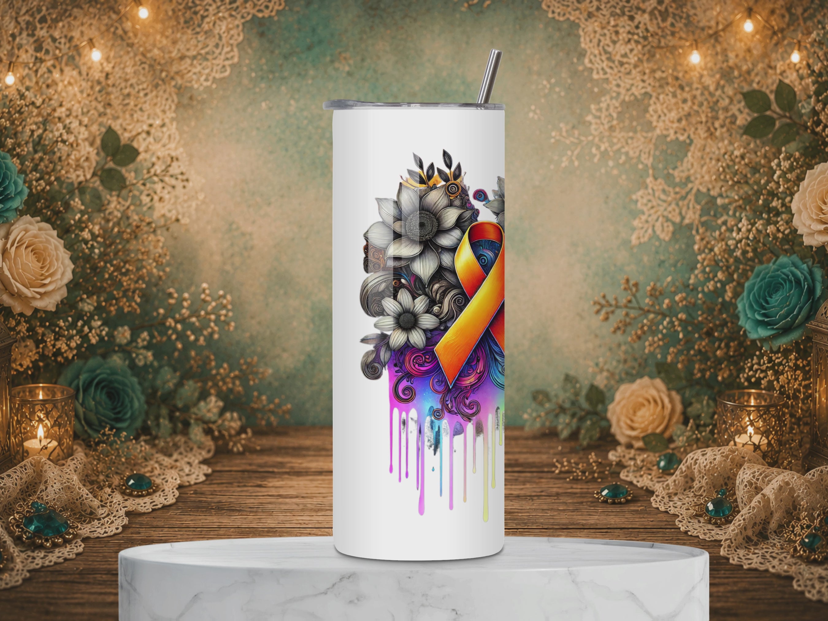 Warrior’s Light Multiple Sclerosis Awareness tumbler design featuring an orange awareness ribbon, colorful flowers, and an inspirational poem 