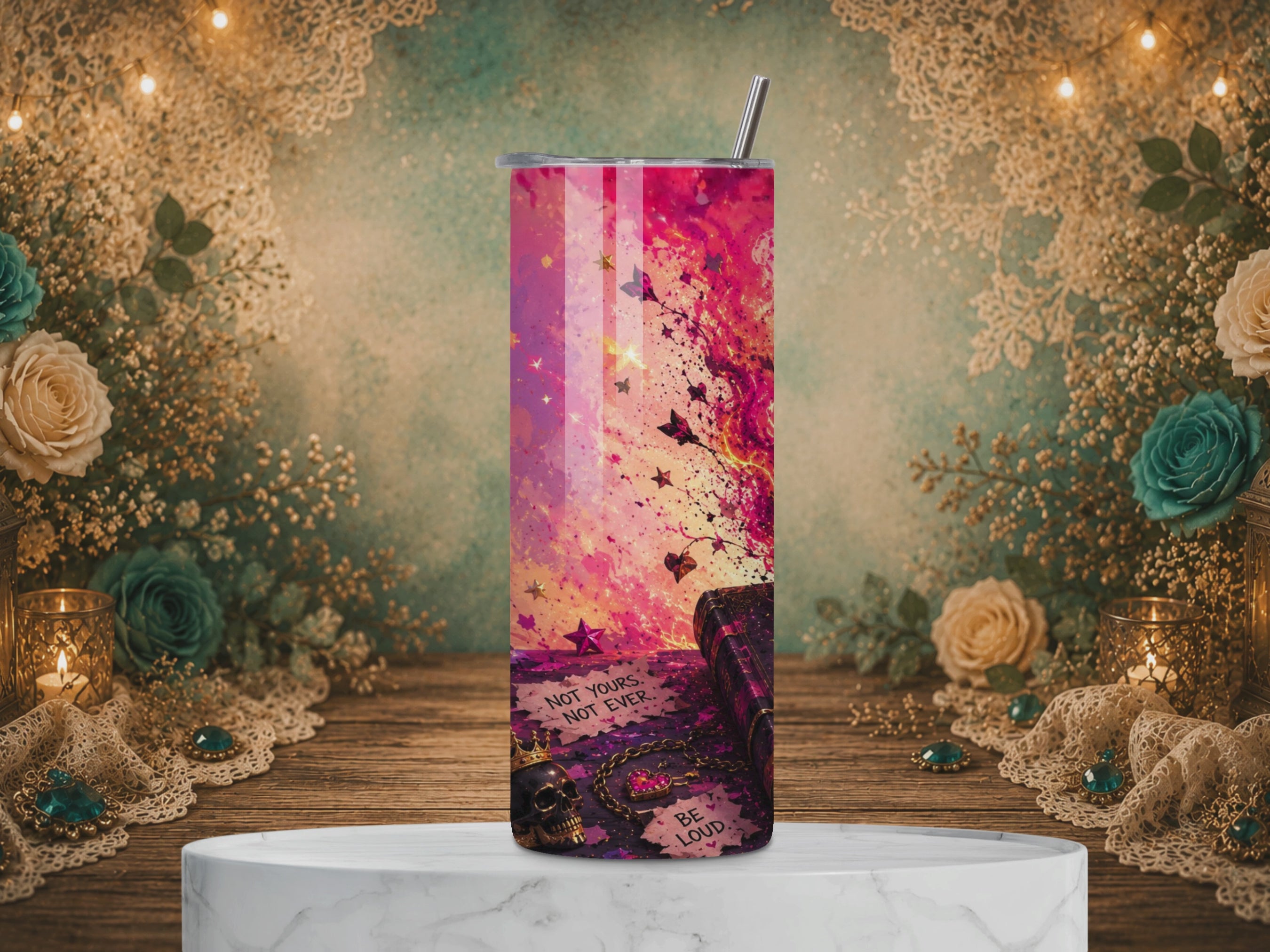video of Burn the Rulebook 20 oz tumbler design with a flaming book, scattered pages, pink florals, and the quote “Write Your Own Story.”
