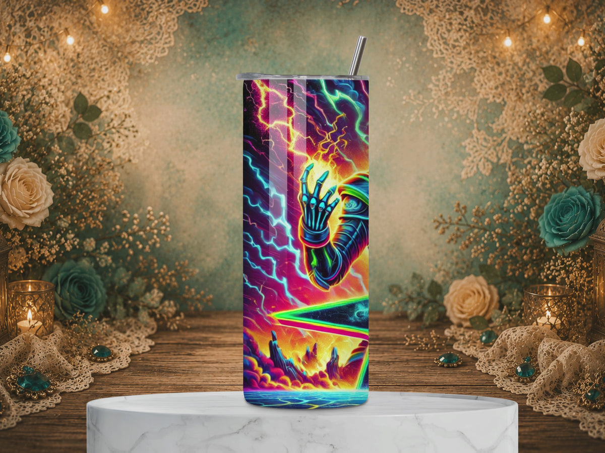 Video showing the Metal Mayhem glow-in-the-dark 20 oz tumbler with neon skeletal guitarist artwork