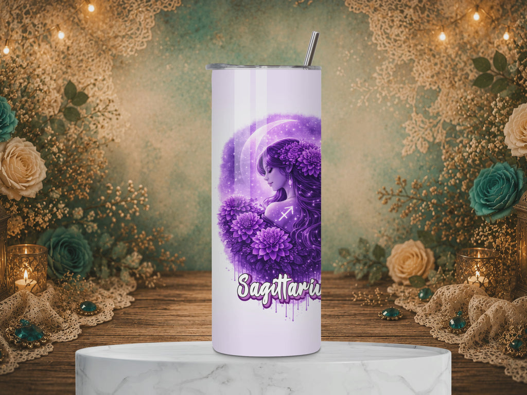 Sagittarius Goddess 20 oz tumbler featuring a purple celestial goddess, crescent moon, flowers, Sagittarius symbol, and zodiac affirmation.