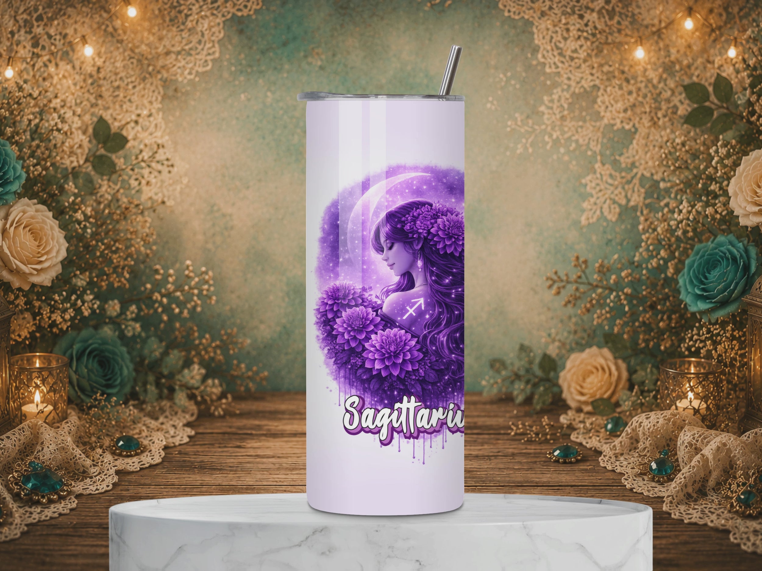 Sagittarius Goddess 20 oz tumbler featuring a purple celestial goddess, crescent moon, flowers, Sagittarius symbol, and zodiac affirmation.
