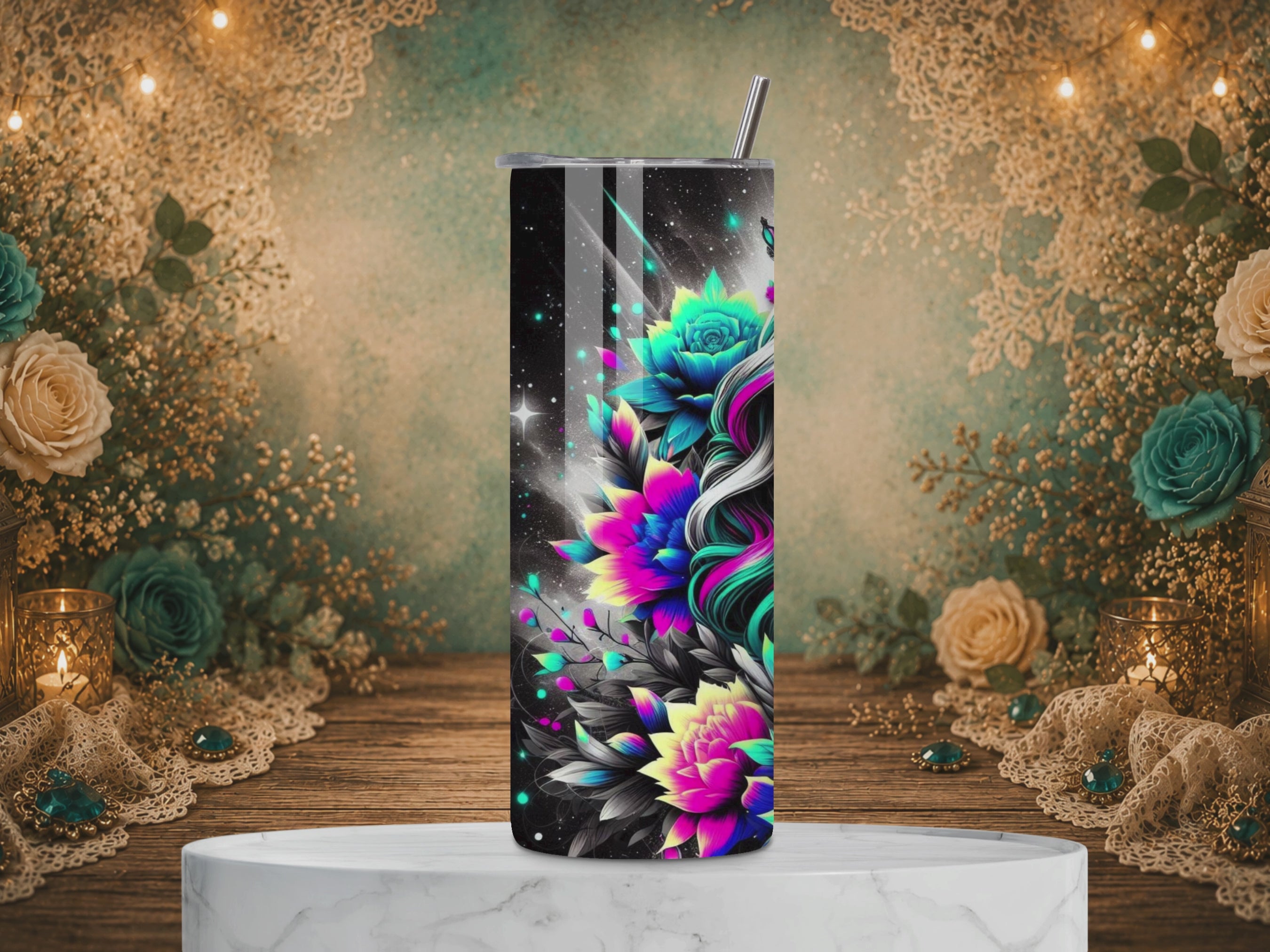 video of Neon Sovereign 20 oz tumbler design featuring a crowned woman surrounded by vivid teal, pink, blue, and yellow lotus flowers against a black celestial background.
