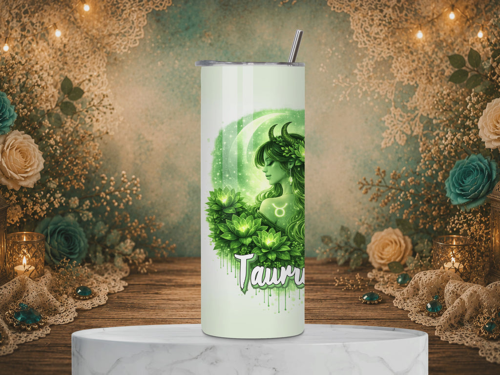 video of Taurus Goddess 20 oz tumbler featuring a green horned goddess, crescent moon, succulents, Taurus symbol, and zodiac affirmation.