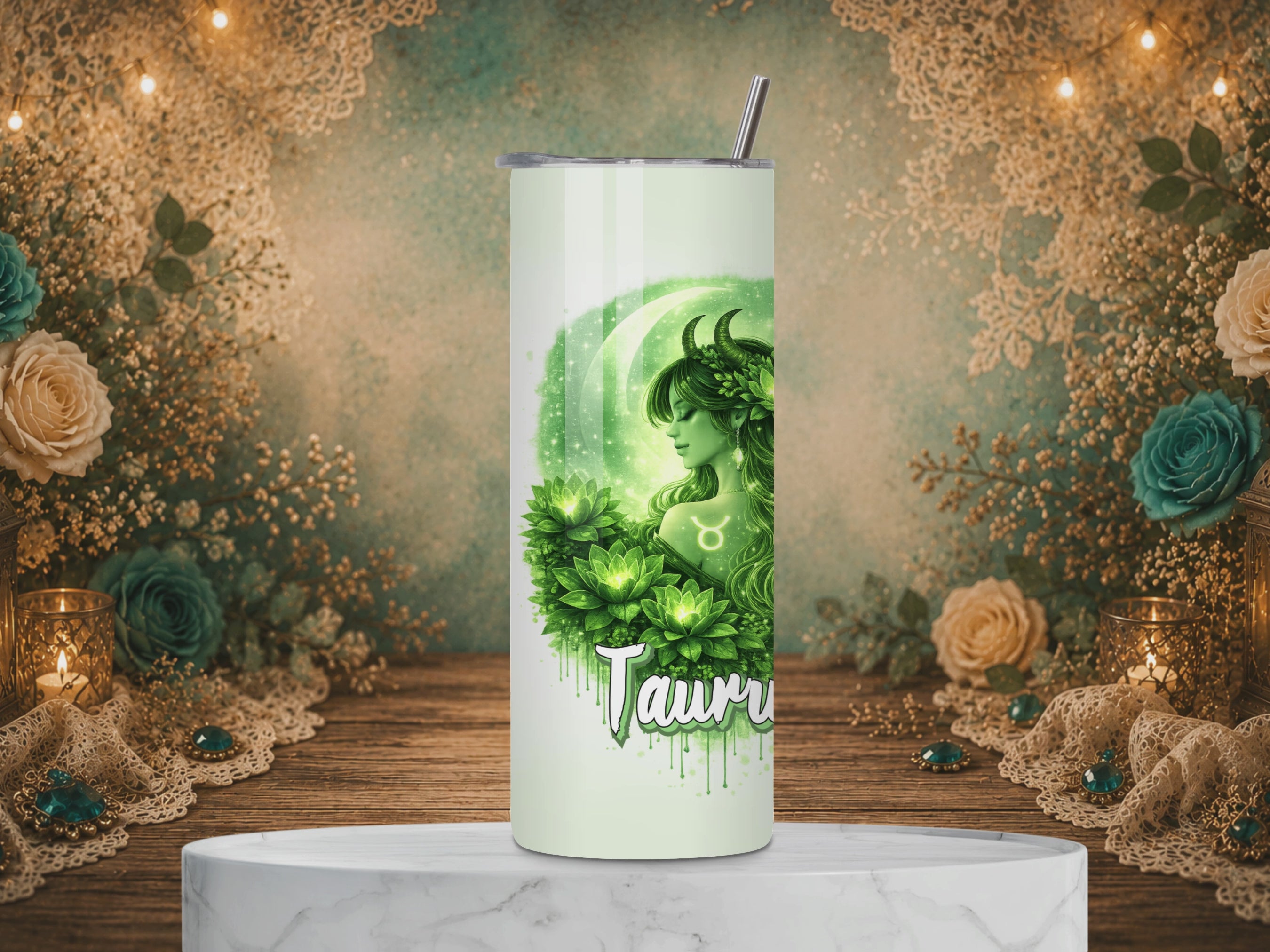 video of Taurus Goddess 20 oz tumbler featuring a green horned goddess, crescent moon, succulents, Taurus symbol, and zodiac affirmation.