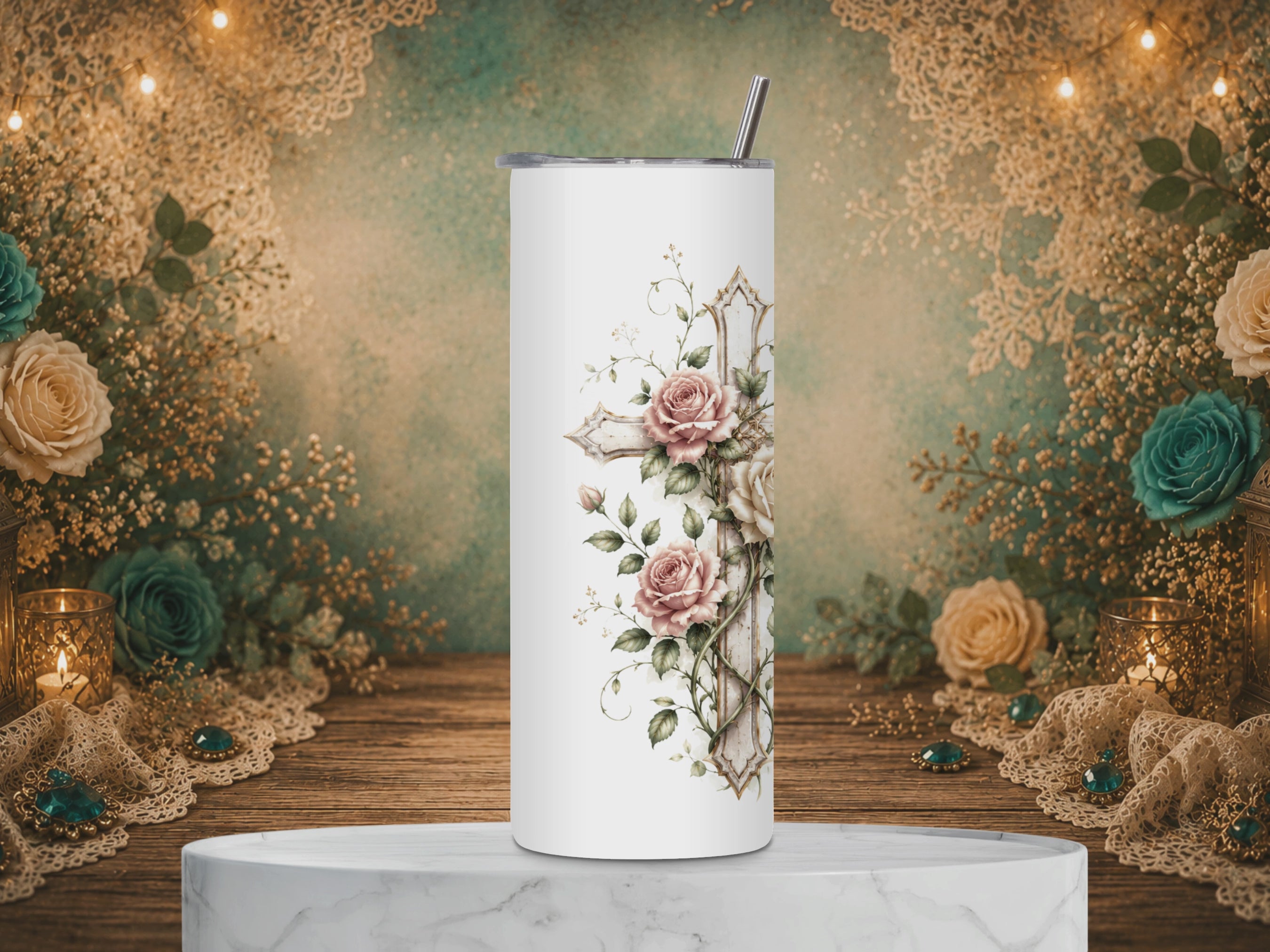video of God Is Within Her 20 oz tumbler design featuring soft blush roses, delicate greenery, and the inspirational Psalm 46:5 Bible verse.