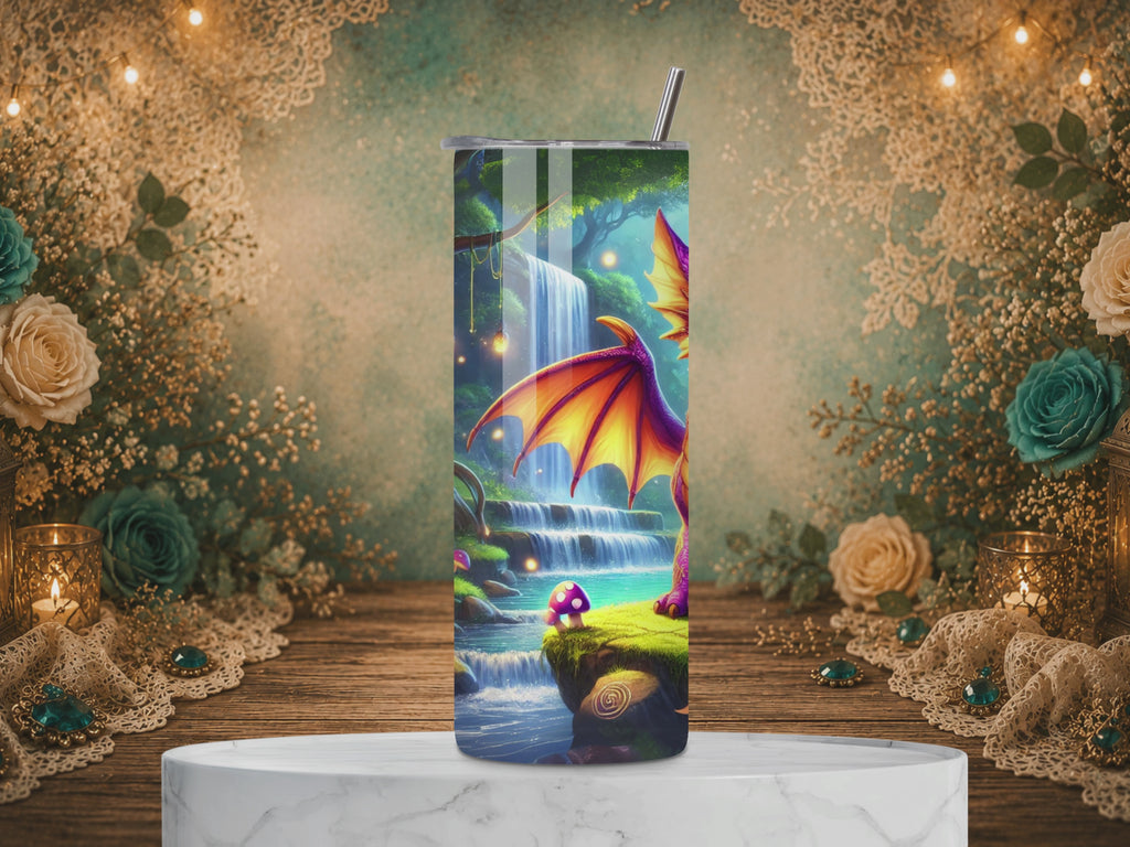 video of personalized Purple and gold amethyst dragon in an enchanted forest with waterfalls, glowing lanterns and colorful mushrooms on a 20 oz tumbler design.