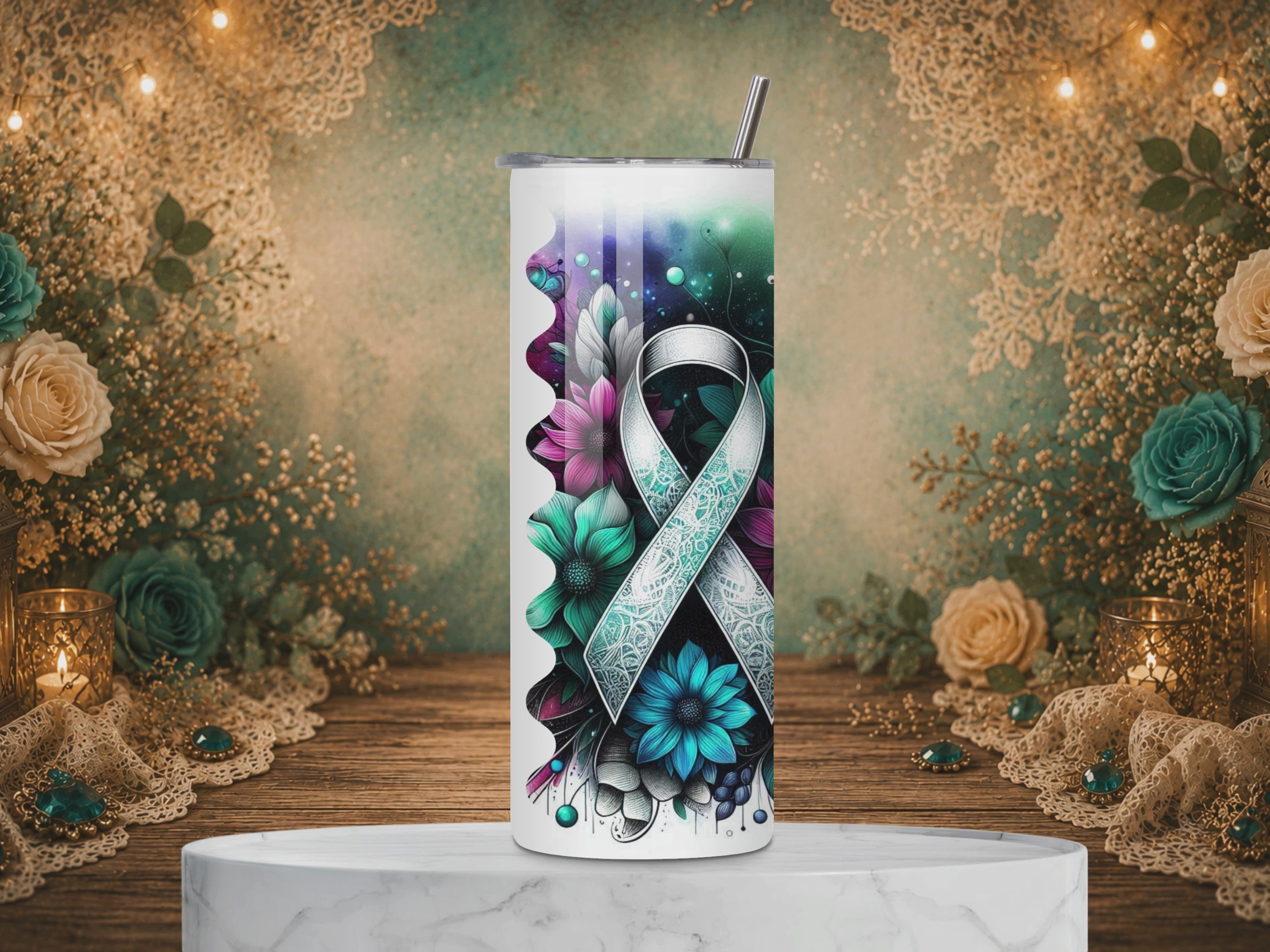 video of Personalized Strength in Bloom Cervical Cancer Awareness tumbler featuring a teal and white ribbon, floral artwork, an inspirational poem, and a custom name.