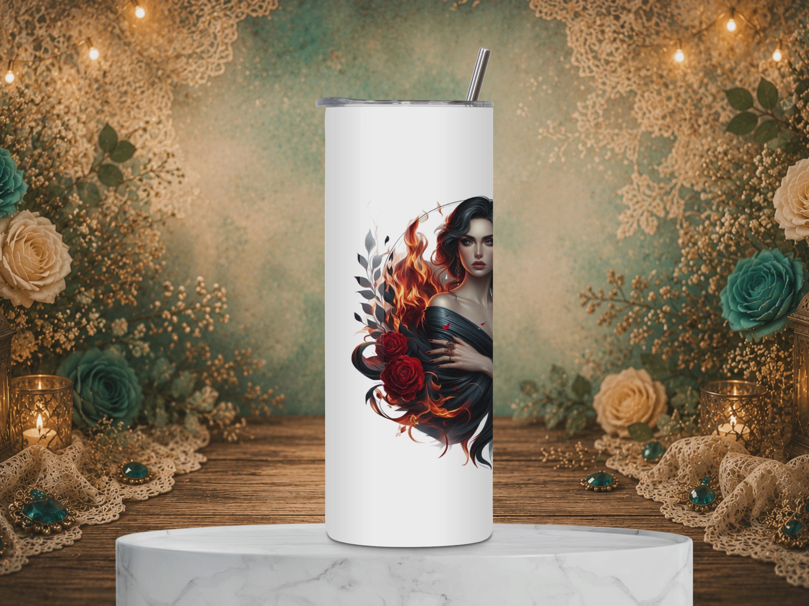 video of The Huntress 20 oz tumbler design featuring a dark-haired woman surrounded by red and black roses, fire, smoky shadows, and a powerful warning quote.
