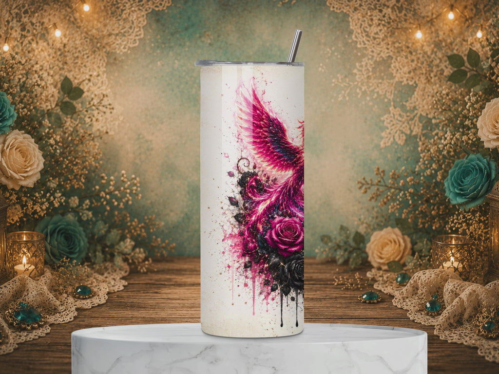 video of Nevertheless She Persisted 20 oz tumbler design featuring a crimson phoenix, red and black roses, artistic splashes, and an inspirational quote.
