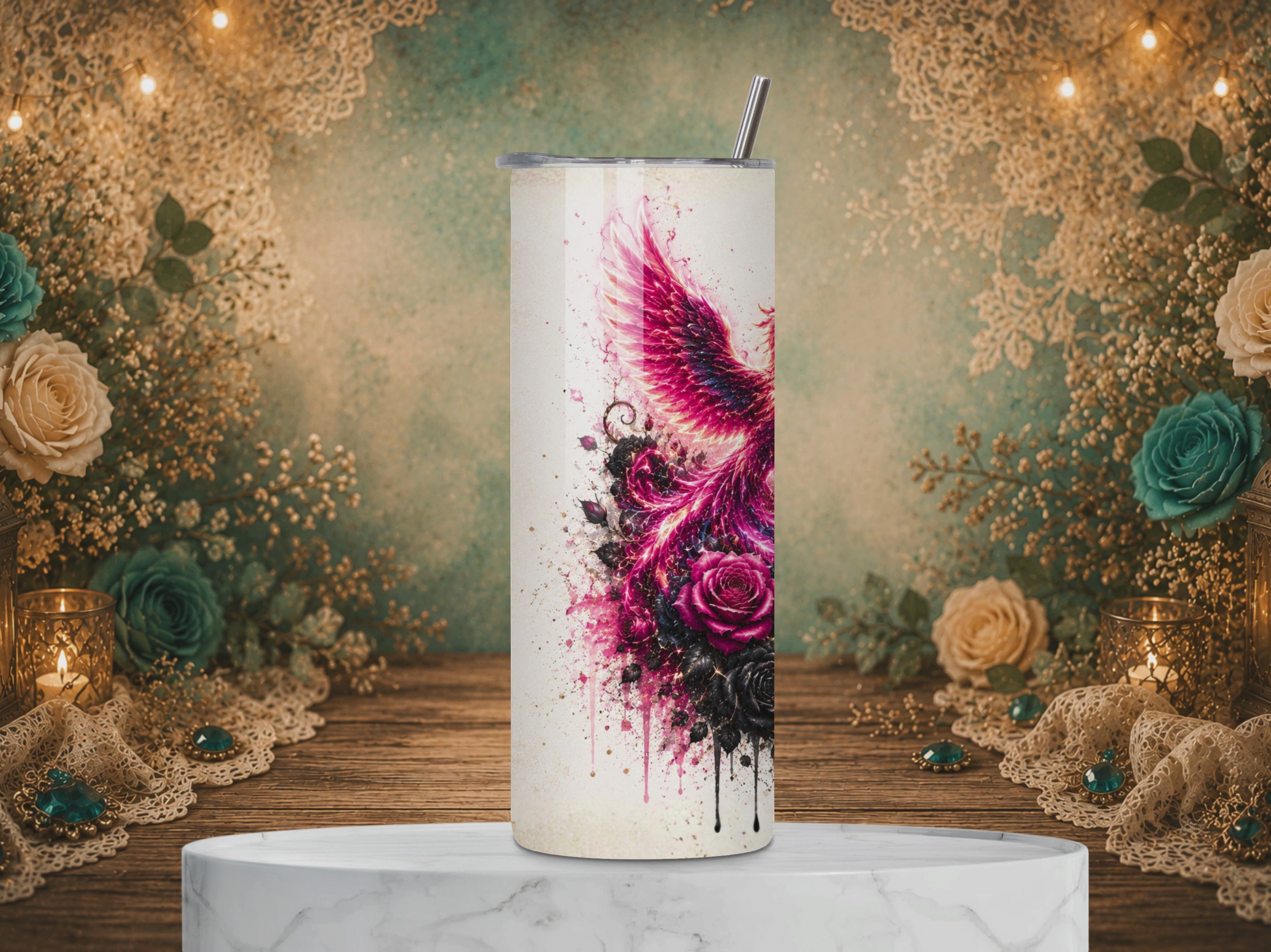 video of Nevertheless She Persisted 20 oz tumbler design featuring a crimson phoenix, red and black roses, artistic splashes, and an inspirational quote.