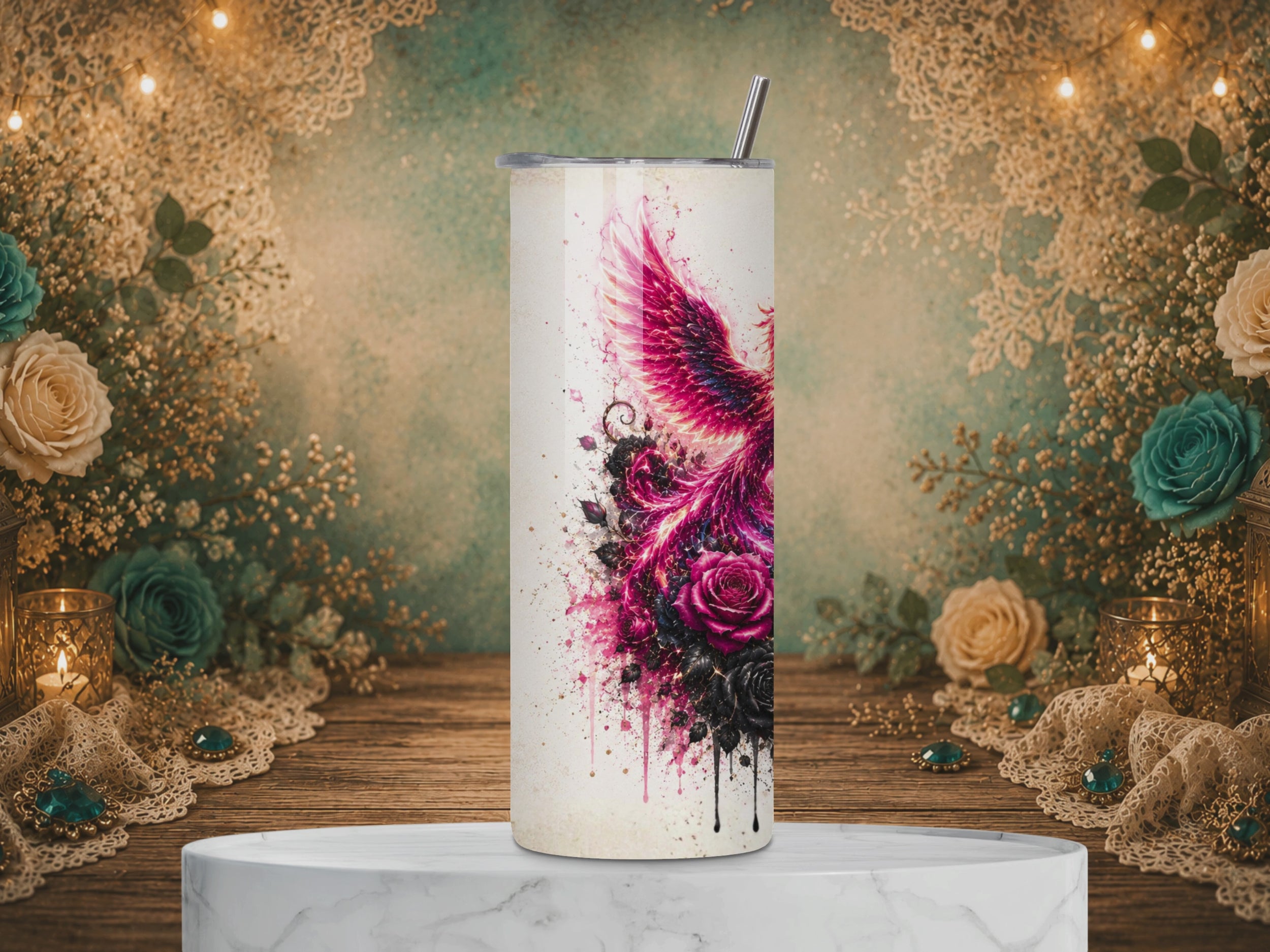 video of Nevertheless She Persisted 20 oz tumbler design featuring a crimson phoenix, red and black roses, artistic splashes, and an inspirational quote.
