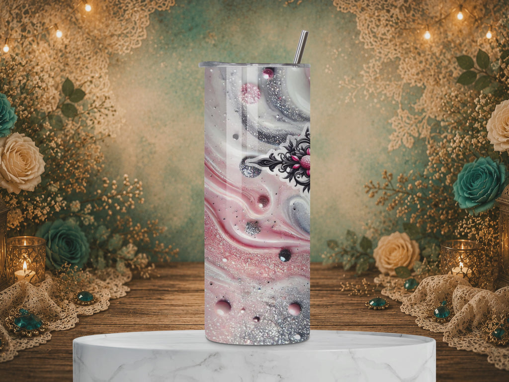 video of Faith in Bloom 20 oz tumbler design featuring an ornate black cross decorated with pink roses over a sparkling pink, silver, white, and black marble background.
